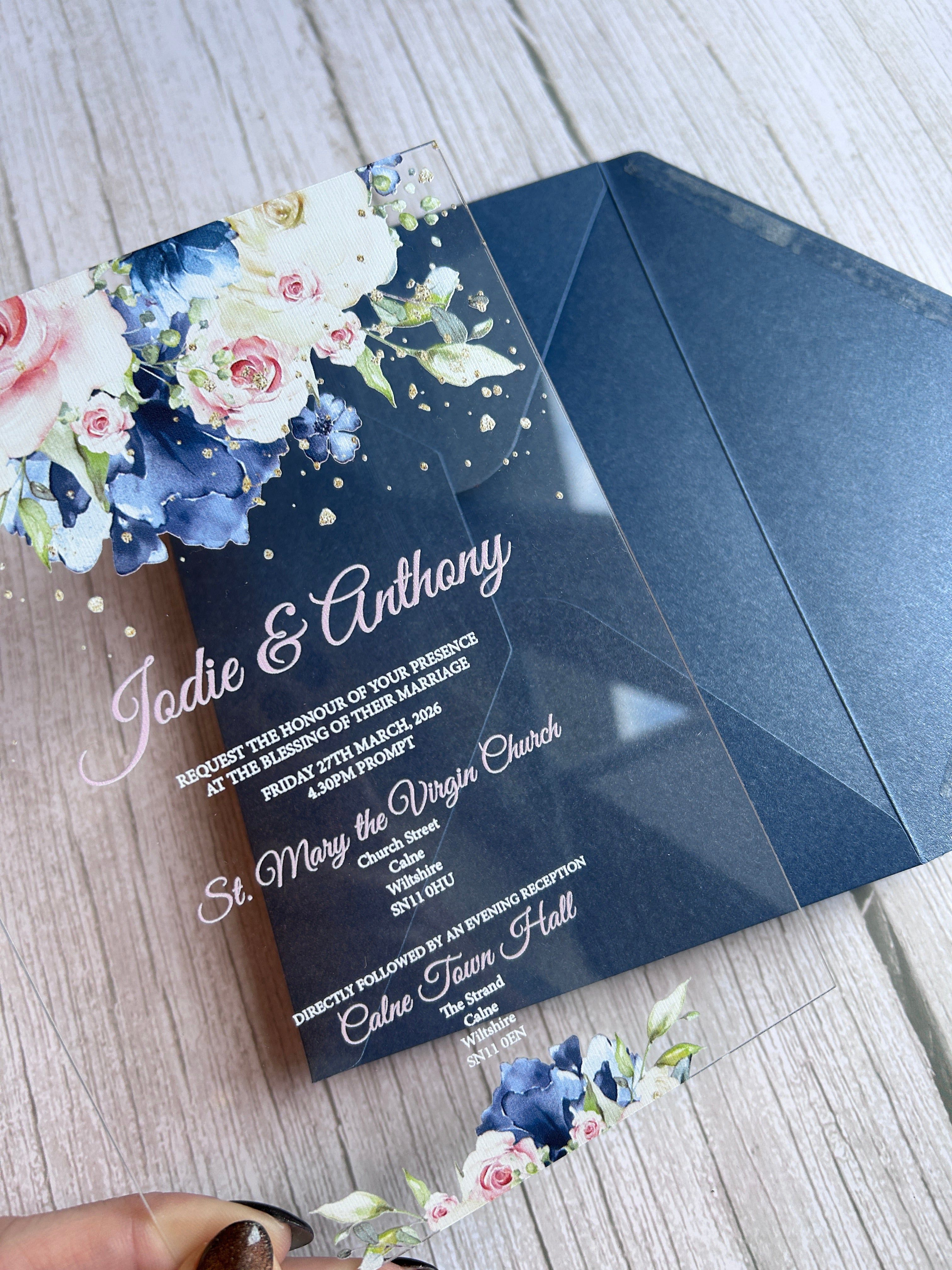 Navy & Blush Acrylic Wedding Invitation with Foiled Inserts thumbnail 5