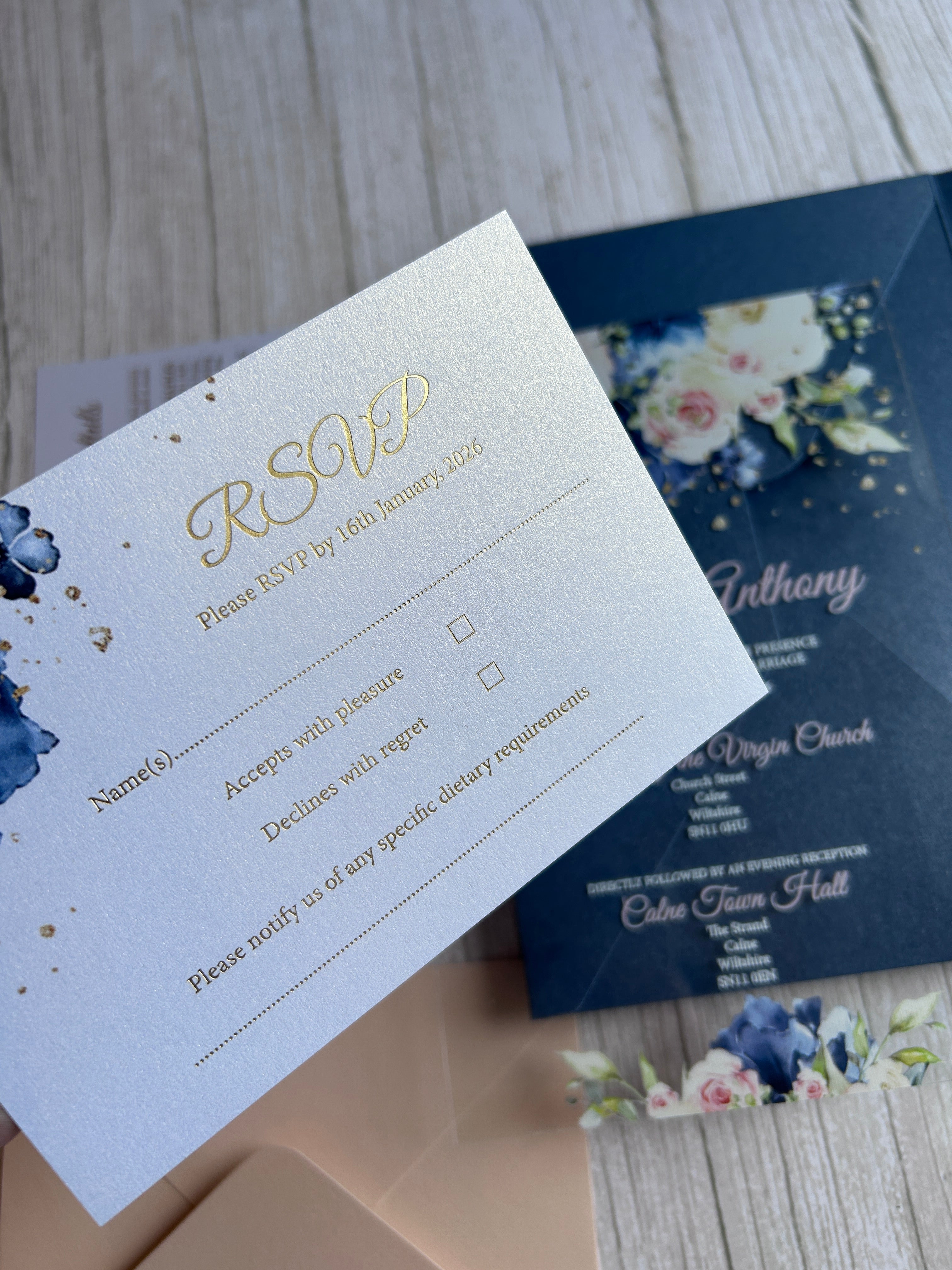 Navy & Blush Acrylic Wedding Invitation with Foiled Inserts thumbnail 6