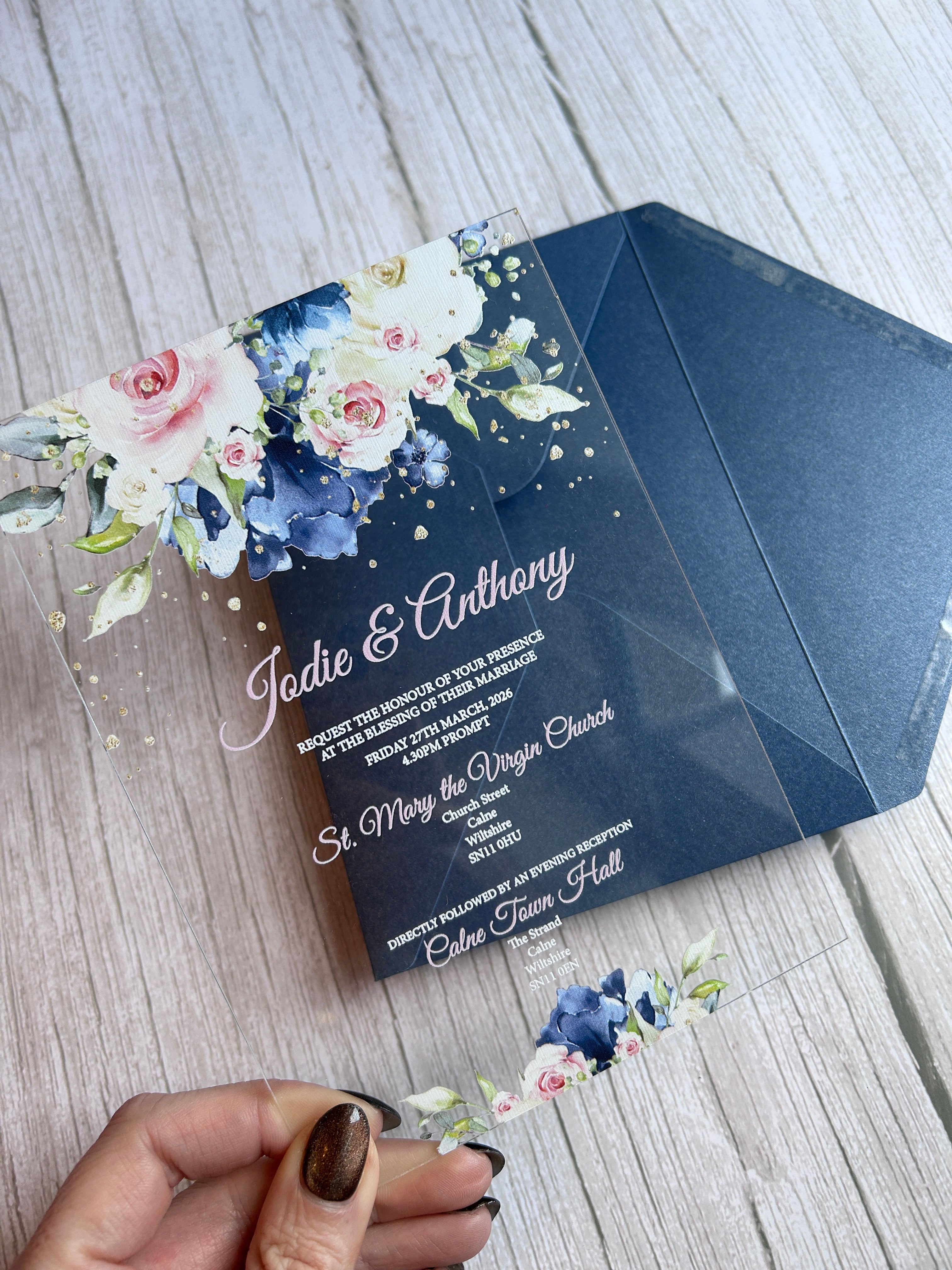 Navy & Blush Acrylic Wedding Invitation with Foiled Inserts thumbnail 8