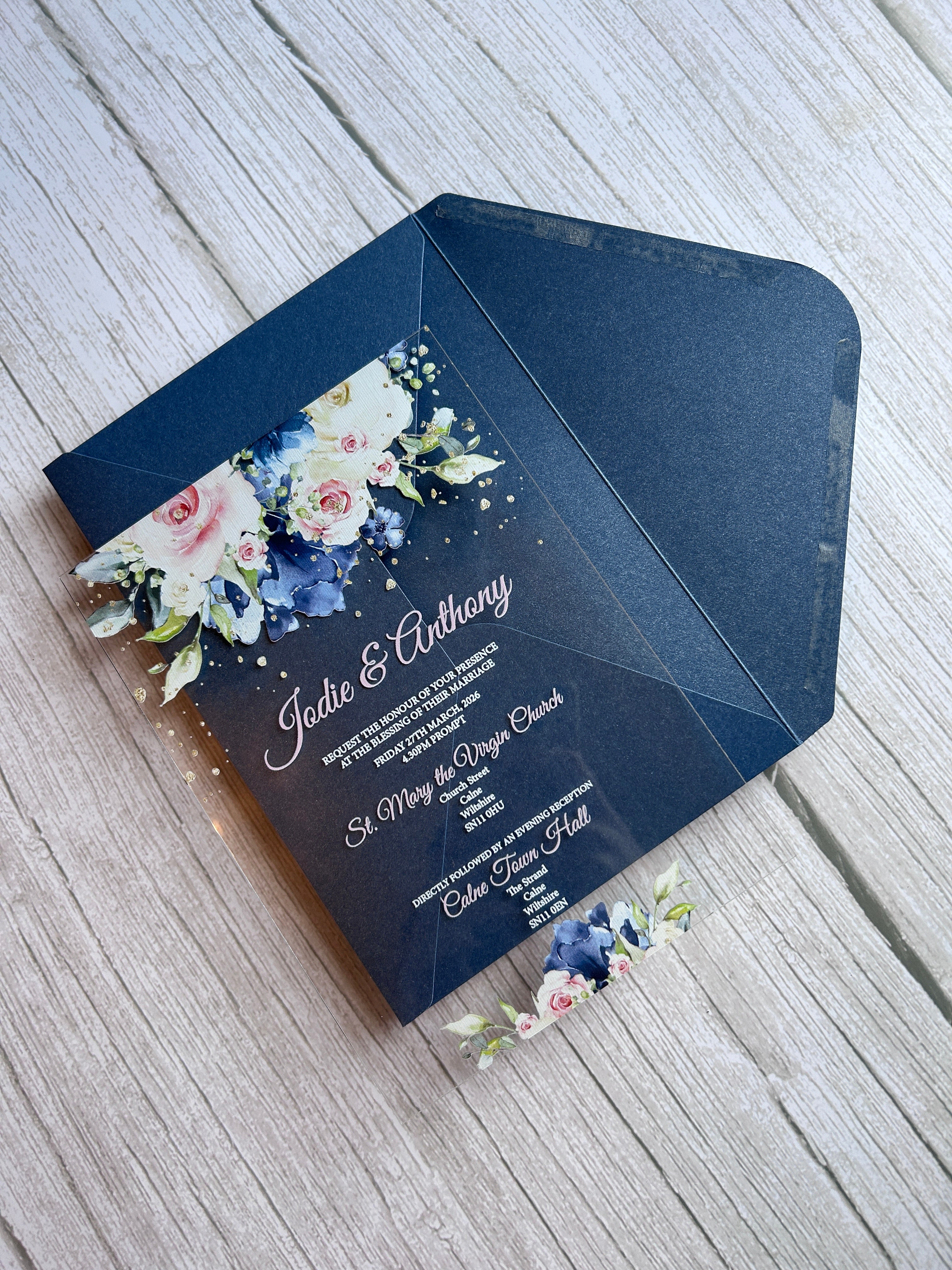 Navy & Blush Acrylic Wedding Invitation with Foiled Inserts thumbnail 9