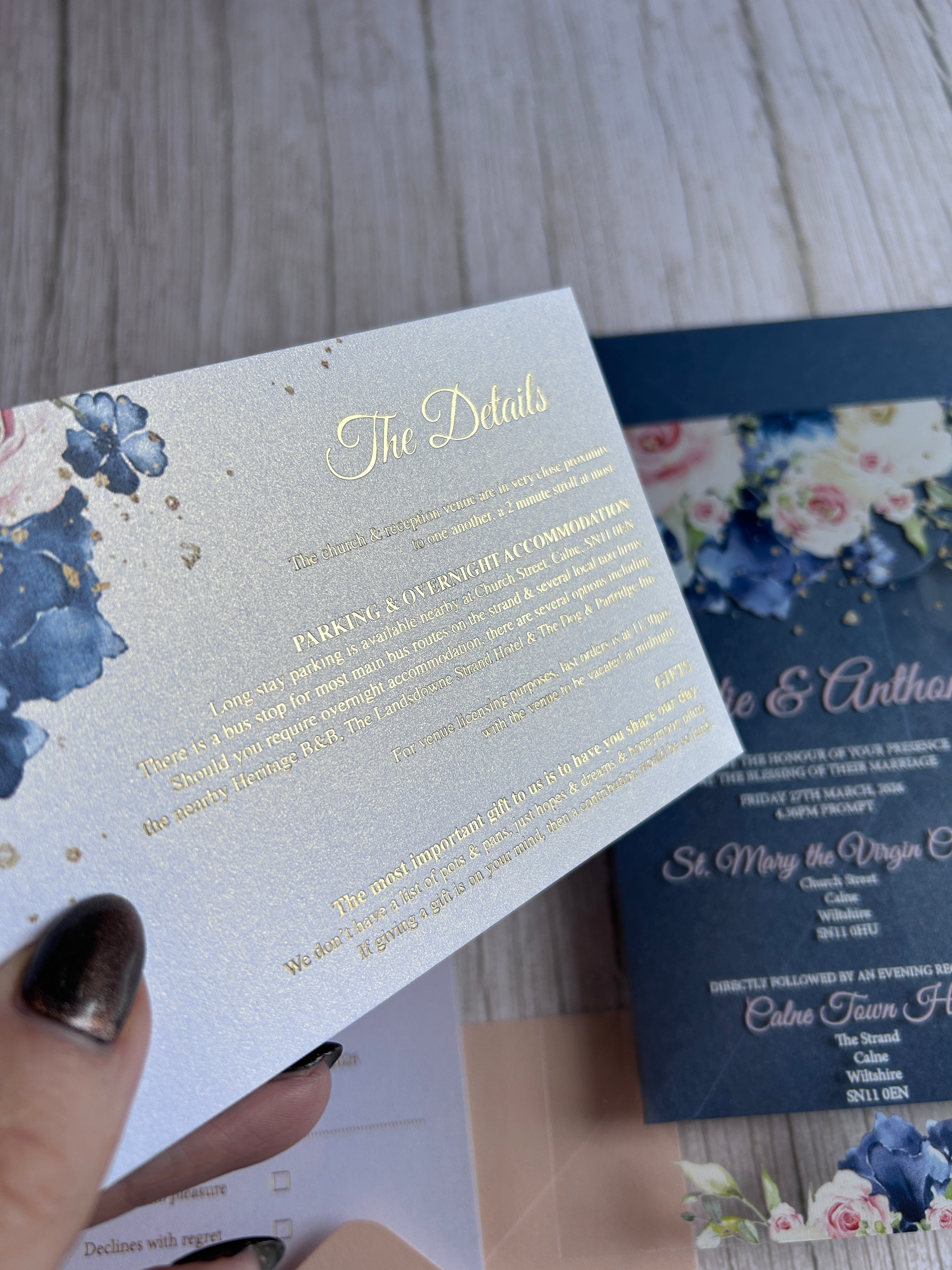 Navy & Blush Acrylic Wedding Invitation with Foiled Inserts thumbnail 10