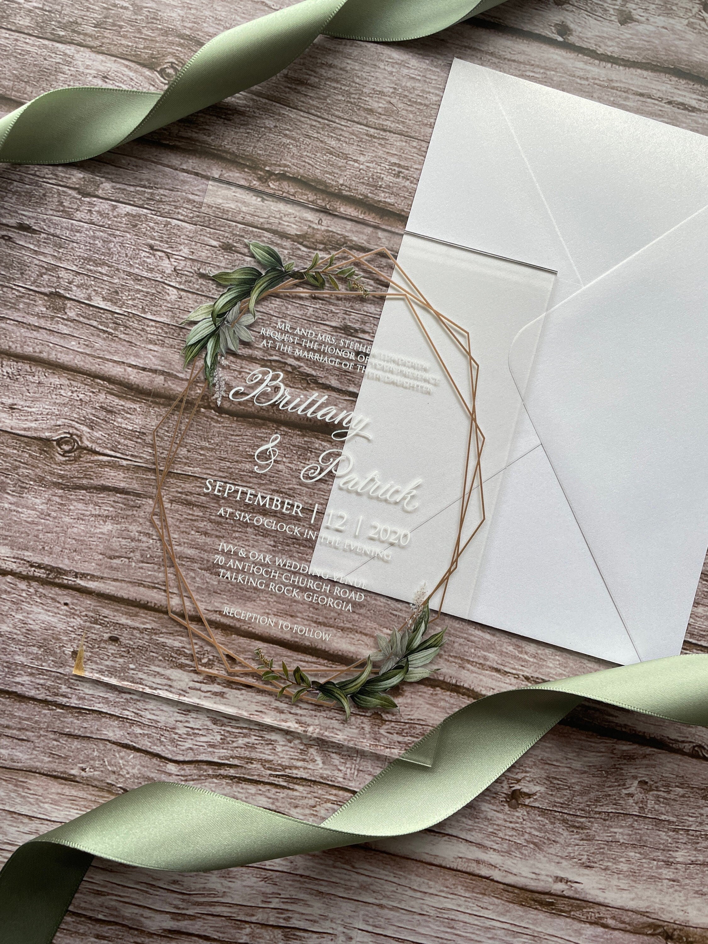 Geometric Eucalyptus Acrylic Wedding Invitation thumbnail 2