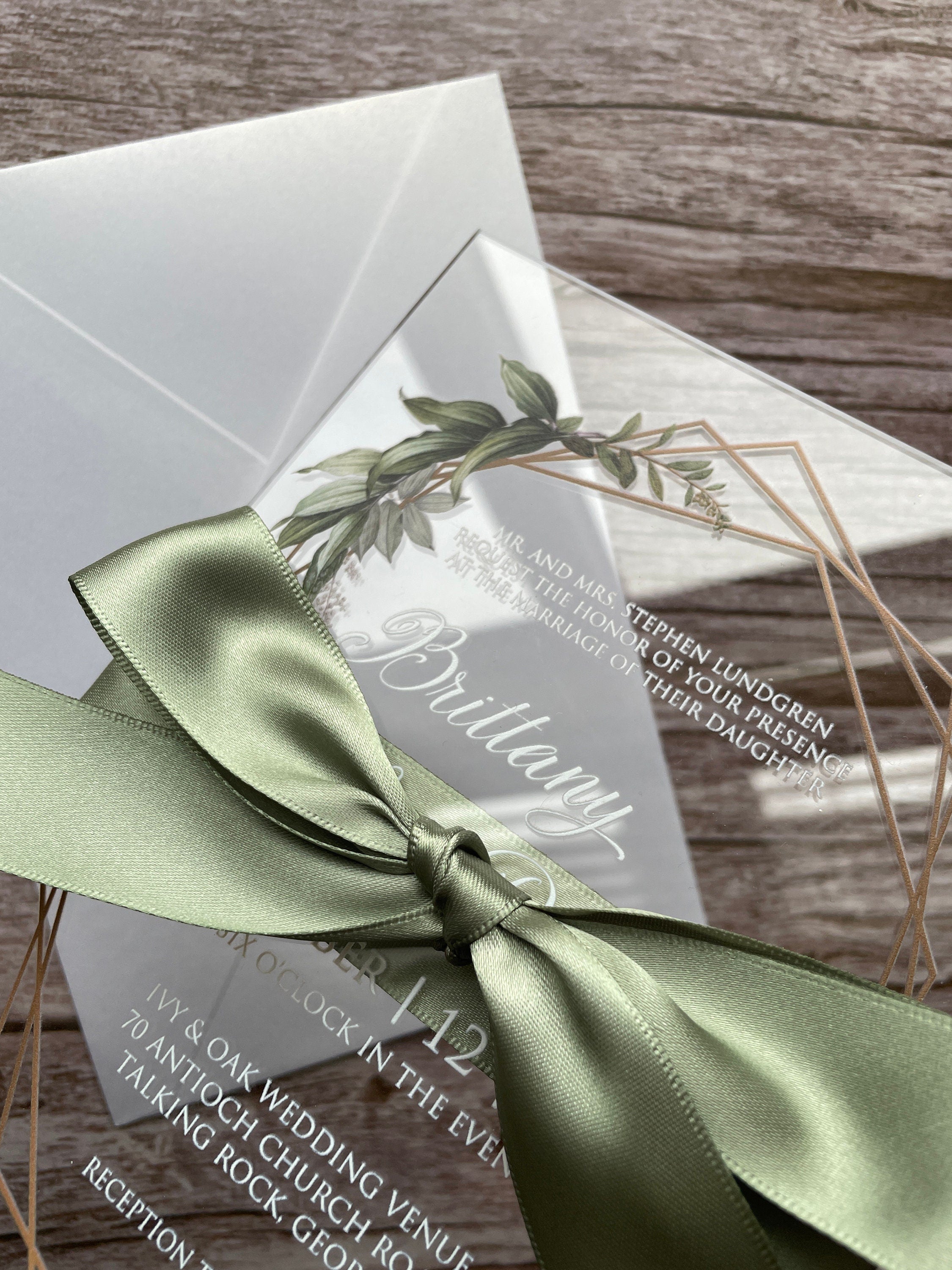 Geometric Eucalyptus Acrylic Wedding Invitation thumbnail 3
