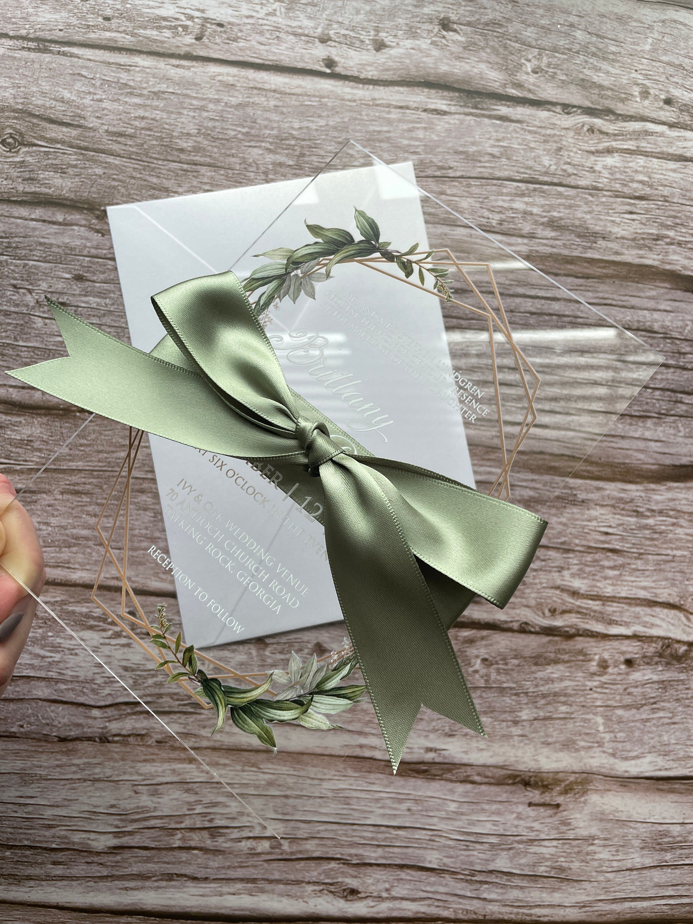 Geometric Eucalyptus Acrylic Wedding Invitation thumbnail 4