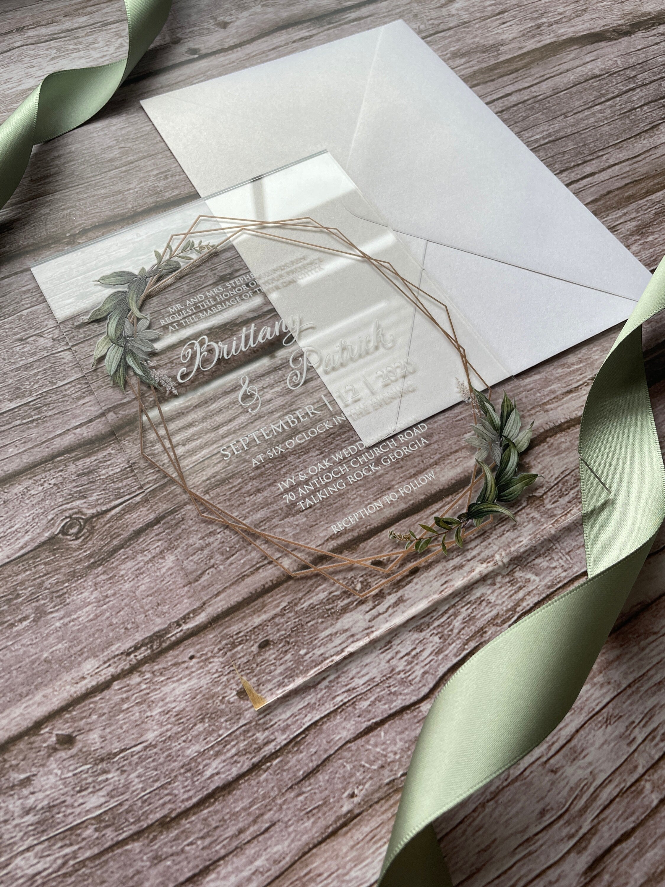 Geometric Eucalyptus Acrylic Wedding Invitation thumbnail 5