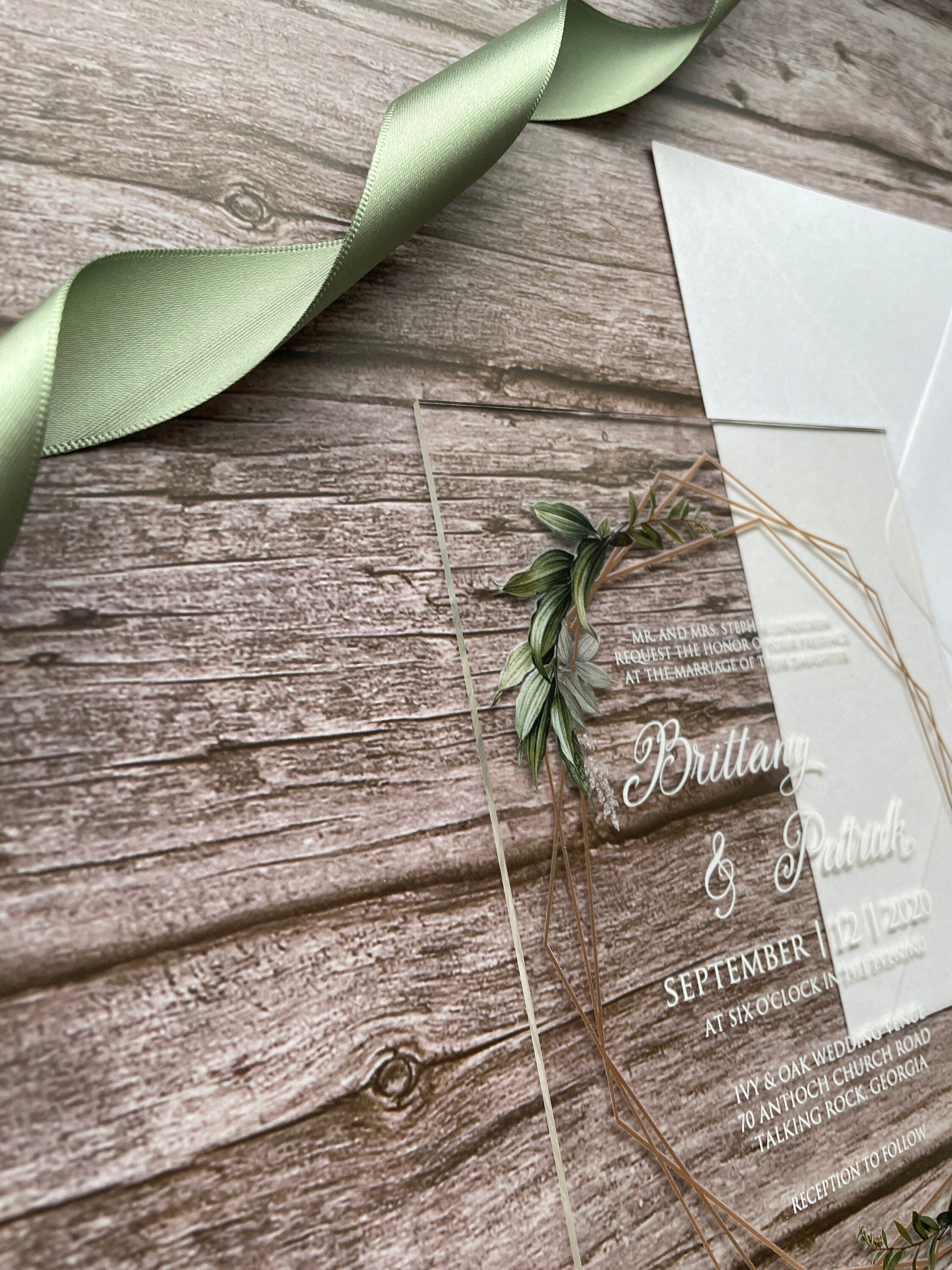 Geometric Eucalyptus Acrylic Wedding Invitation thumbnail 6