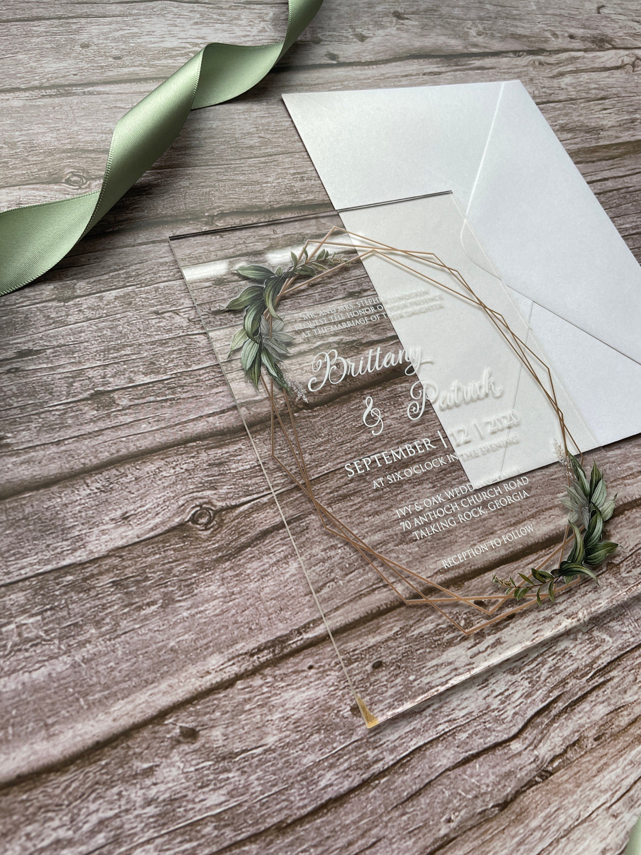 Geometric Eucalyptus Acrylic Wedding Invitation thumbnail 7
