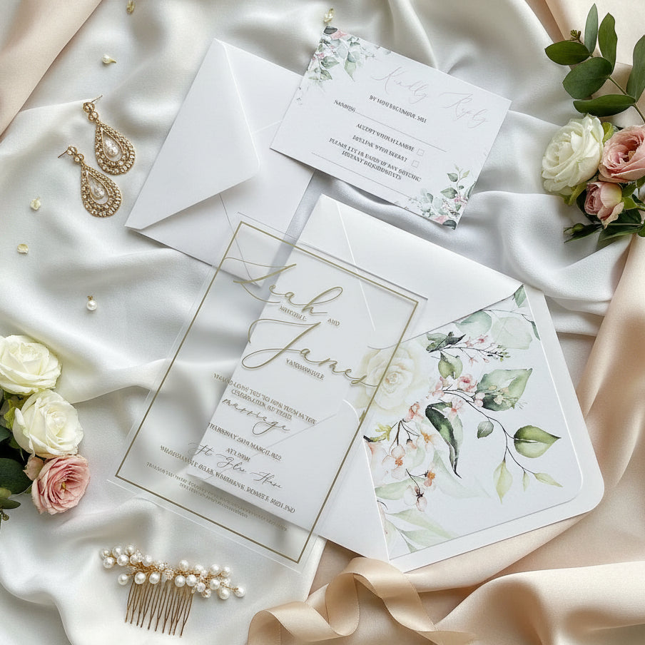 Frosted Acrylic Wedding Invitation | Gold Floral, Bridgerton Style image 1