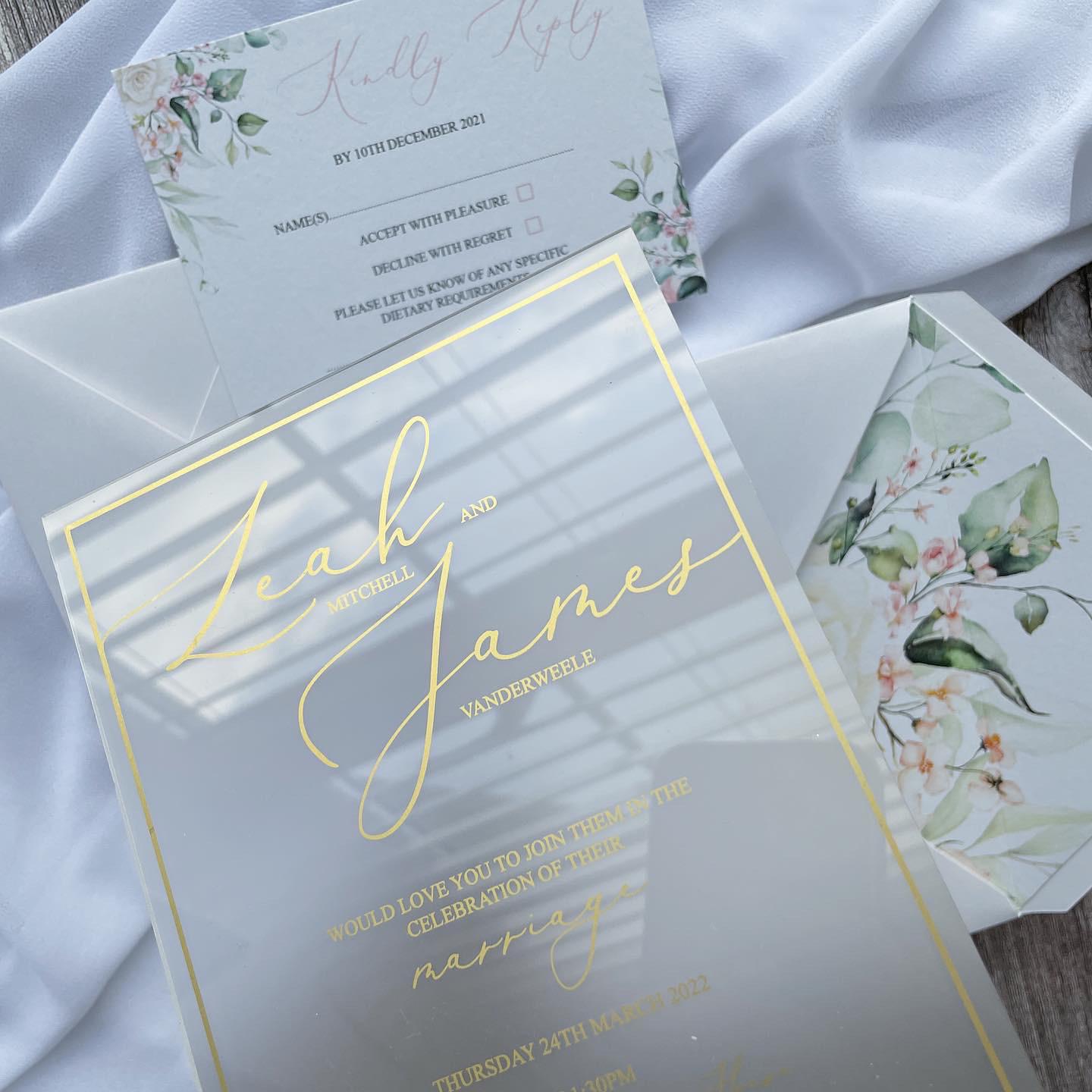 Frosted Acrylic Wedding Invitation | Gold Floral, Bridgerton Style thumbnail 2