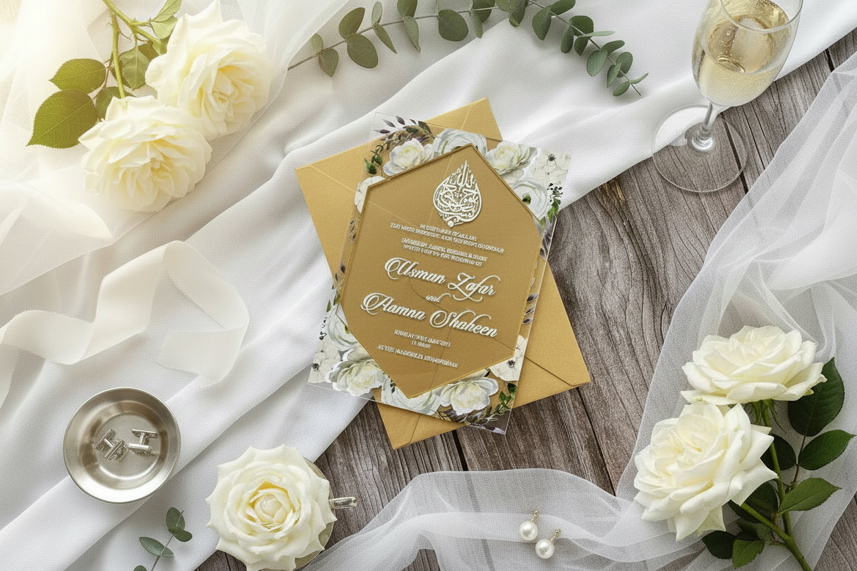 1mm Frosted Acrylic Wedding Invitation with removable emblem & matching inserts image 1
