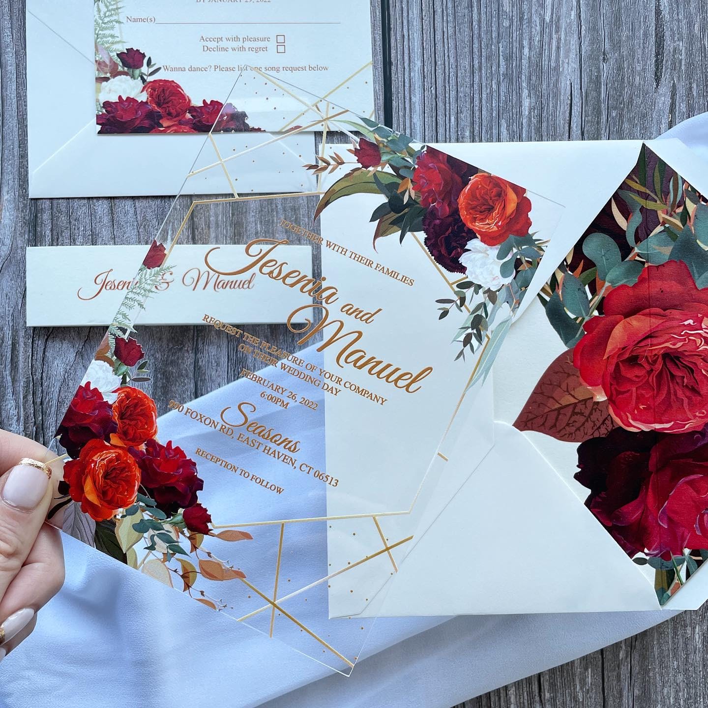 Floral Clear Acrylic Wedding Invitation Suite | Burgundy, Orange & Red thumbnail 2