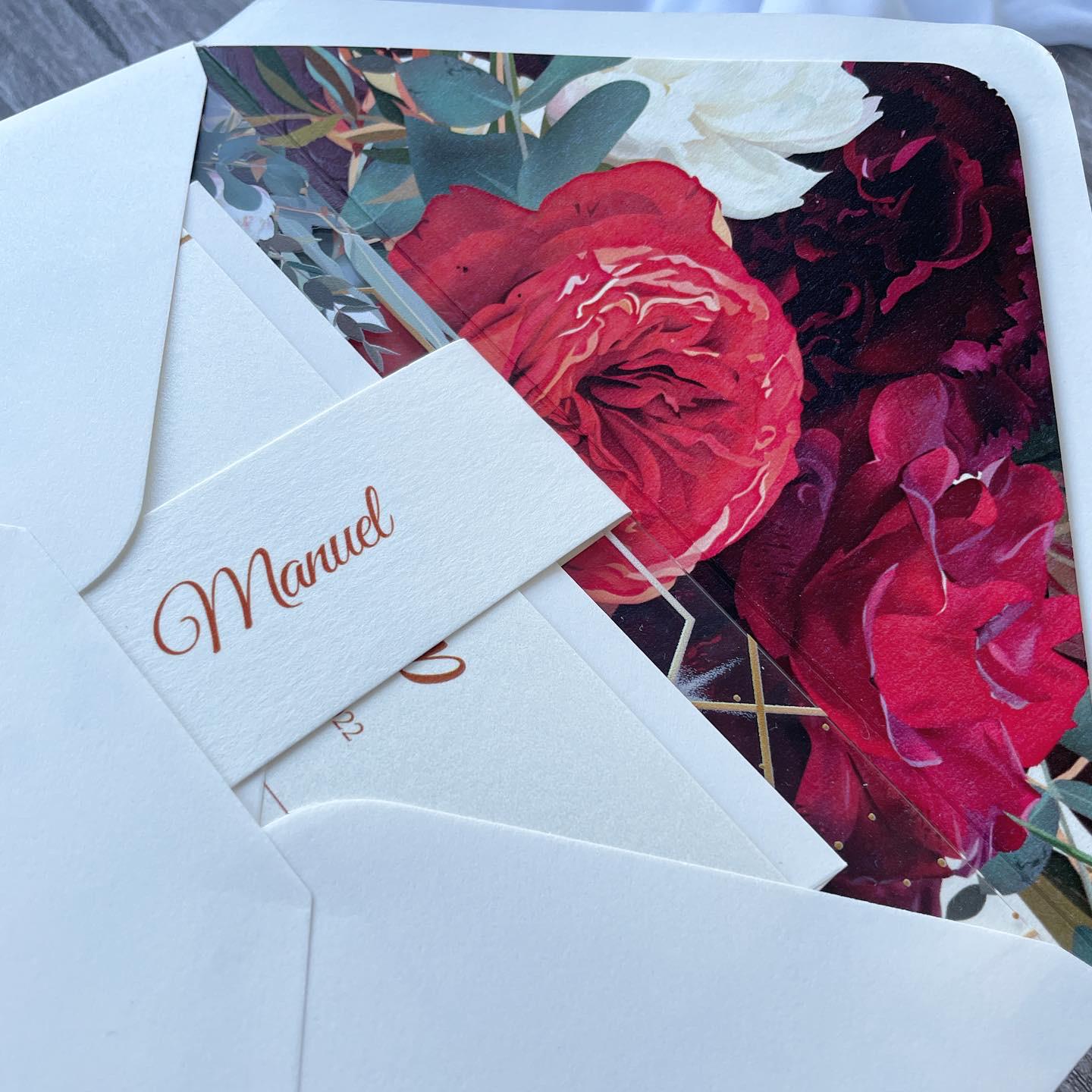 Floral Clear Acrylic Wedding Invitation Suite | Burgundy, Orange & Red thumbnail 3