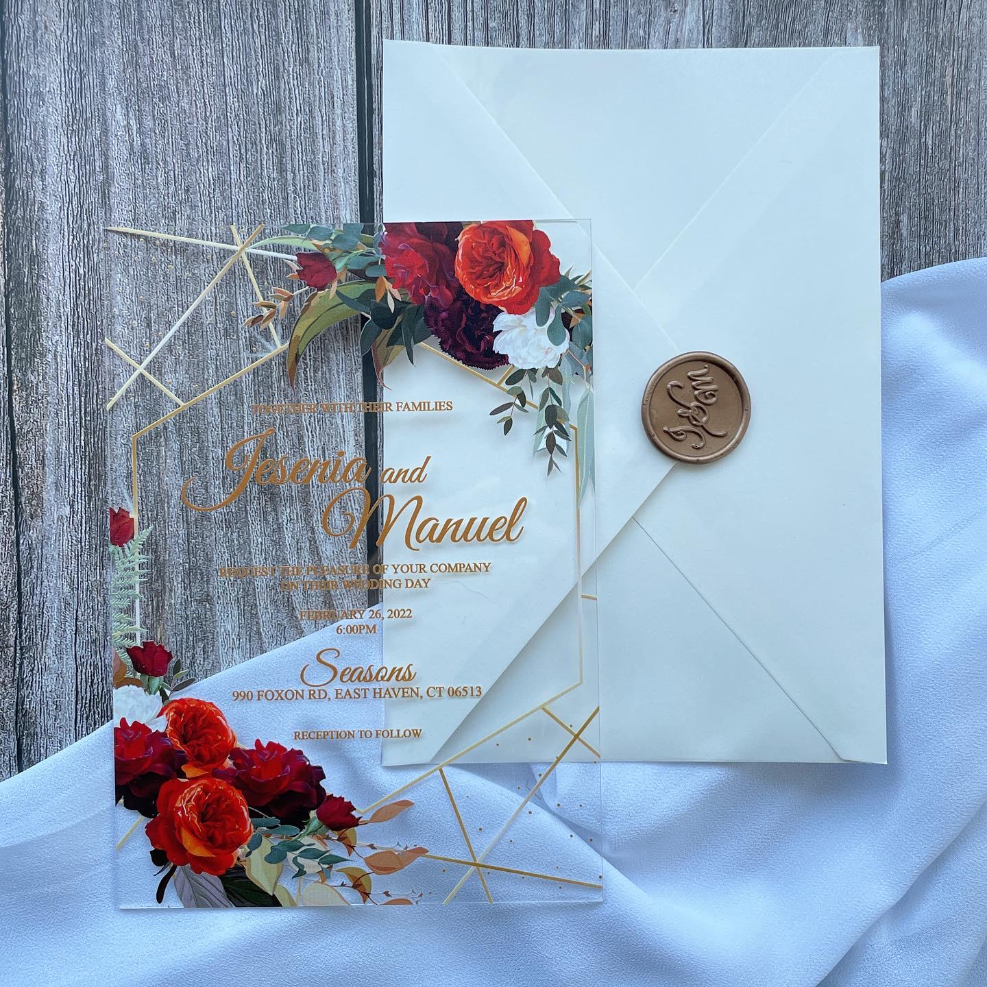 Floral Clear Acrylic Wedding Invitation Suite | Burgundy, Orange & Red thumbnail 4
