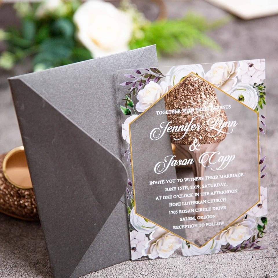 Floral Acrylic Wedding Invitation, Lavender & White Flowers image 1