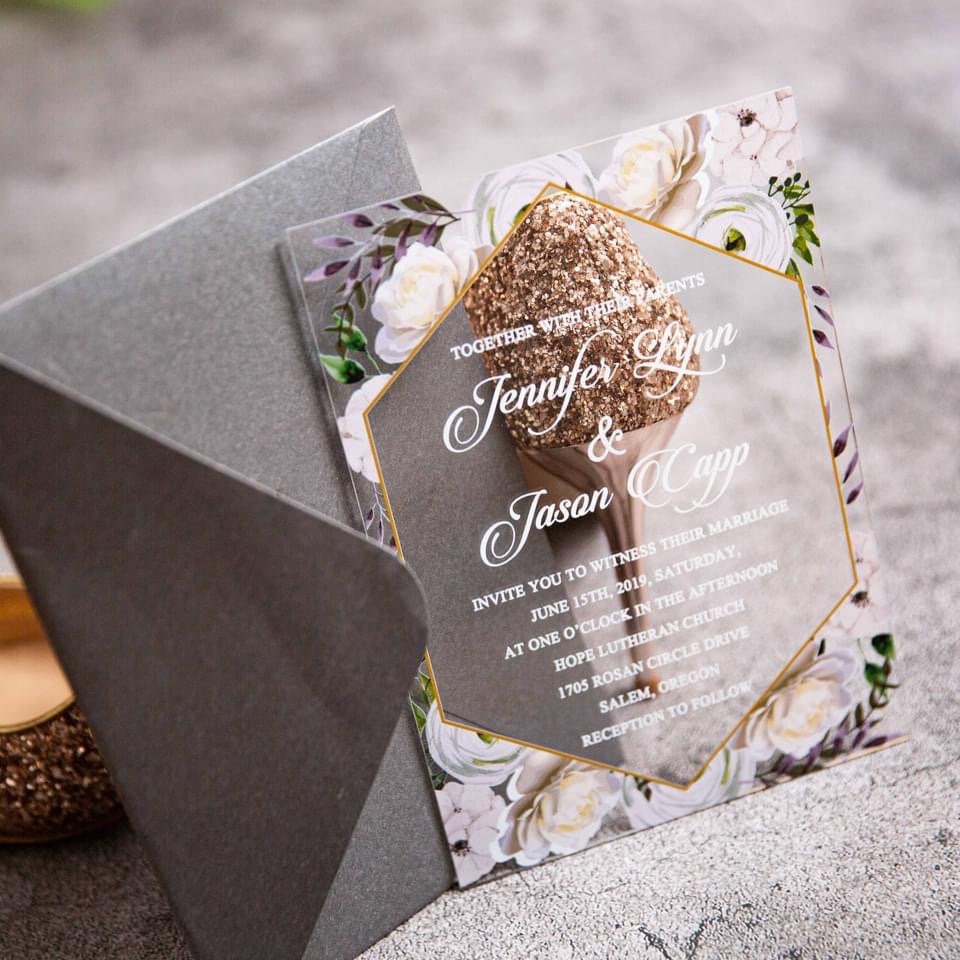 Floral Acrylic Wedding Invitation, Lavender & White Flowers thumbnail 2