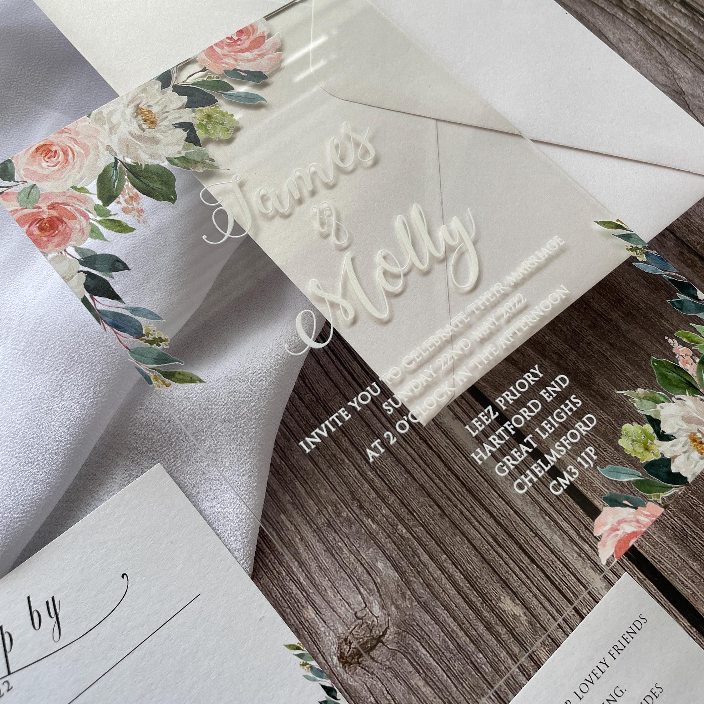 Floral Acrylic Wedding Invitation | Blush Pink, White, & Green thumbnail 2