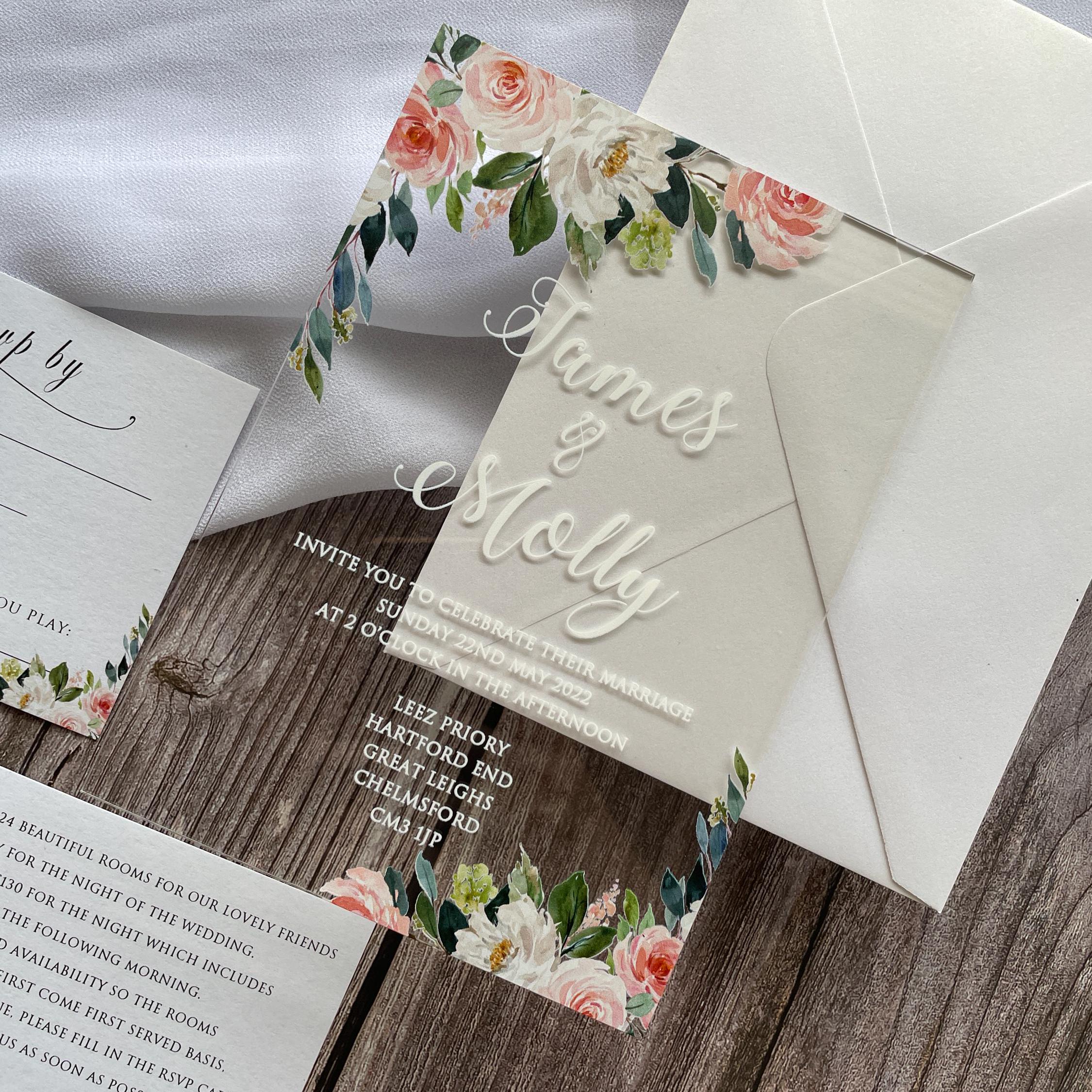Floral Acrylic Wedding Invitation | Blush Pink, White, & Green thumbnail 4