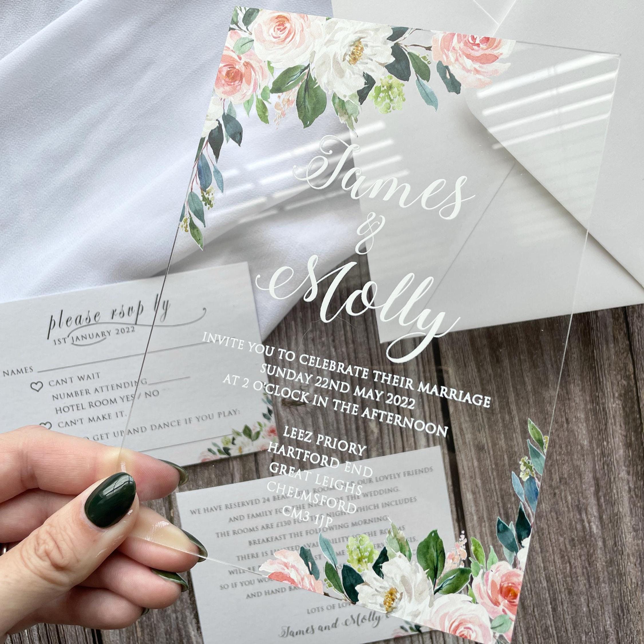 Floral Acrylic Wedding Invitation | Blush Pink, White, & Green thumbnail 5