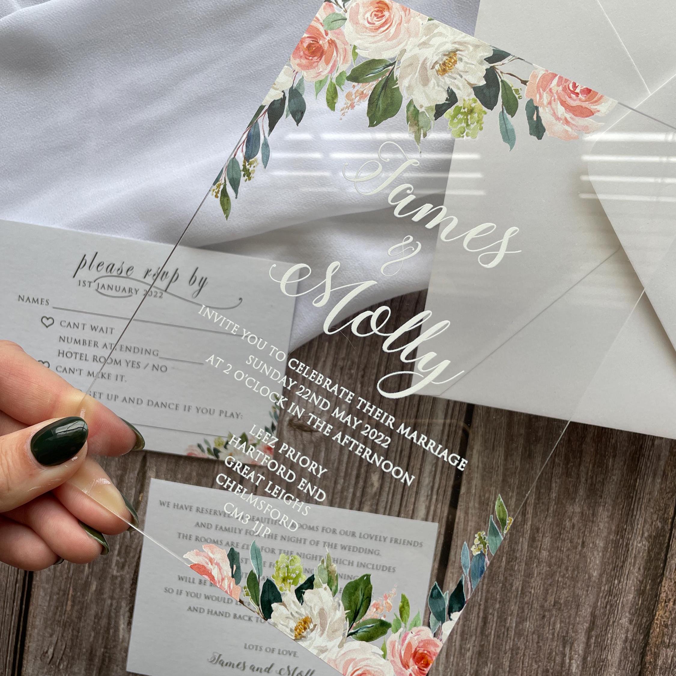 Floral Acrylic Wedding Invitation | Blush Pink, White, & Green thumbnail 6