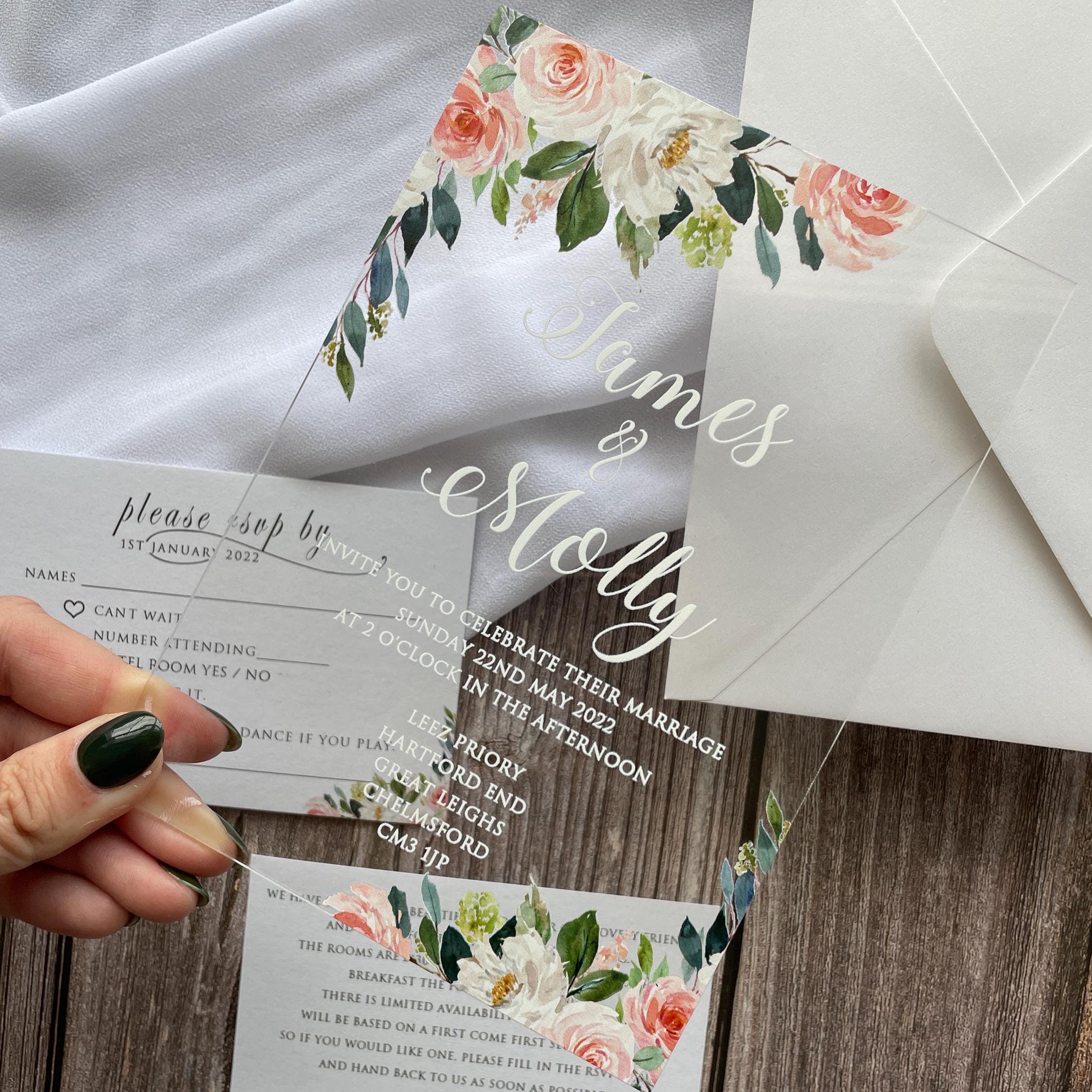Floral Acrylic Wedding Invitation | Blush Pink, White, & Green thumbnail 7
