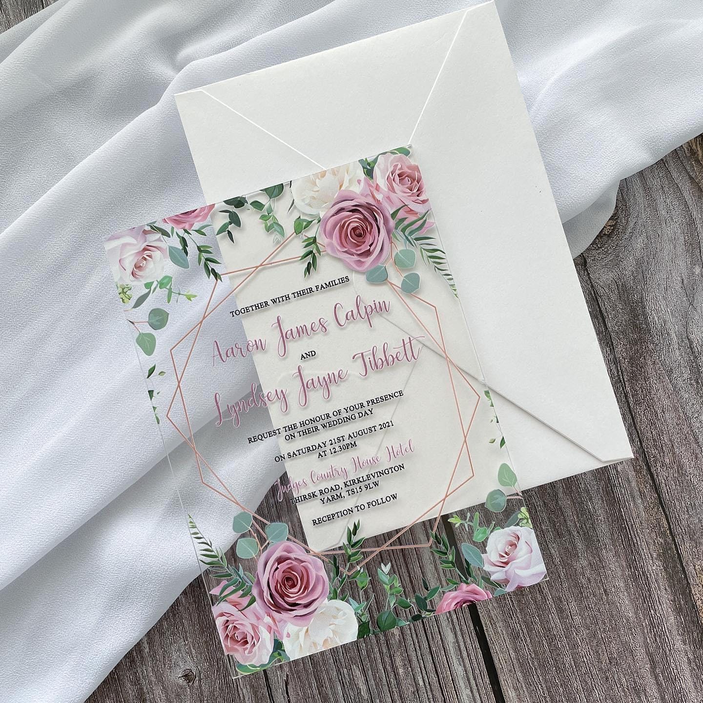 Blush Pink Floral Acrylic Wedding Invitation thumbnail 2