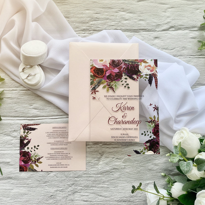 Floral Acrylic Wedding Invitation Suite, Burgundy and Blush with matching insert image 1