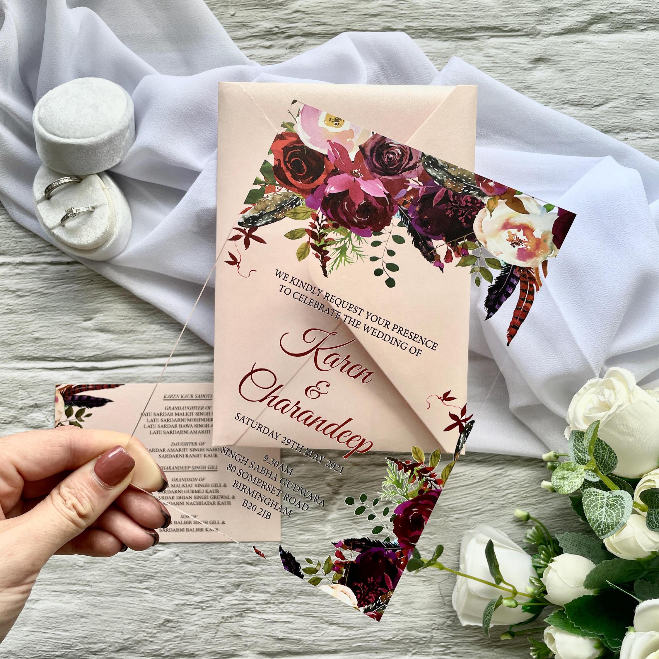 Floral Acrylic Wedding Invitation Suite, Burgundy and Blush with matching insert thumbnail 2