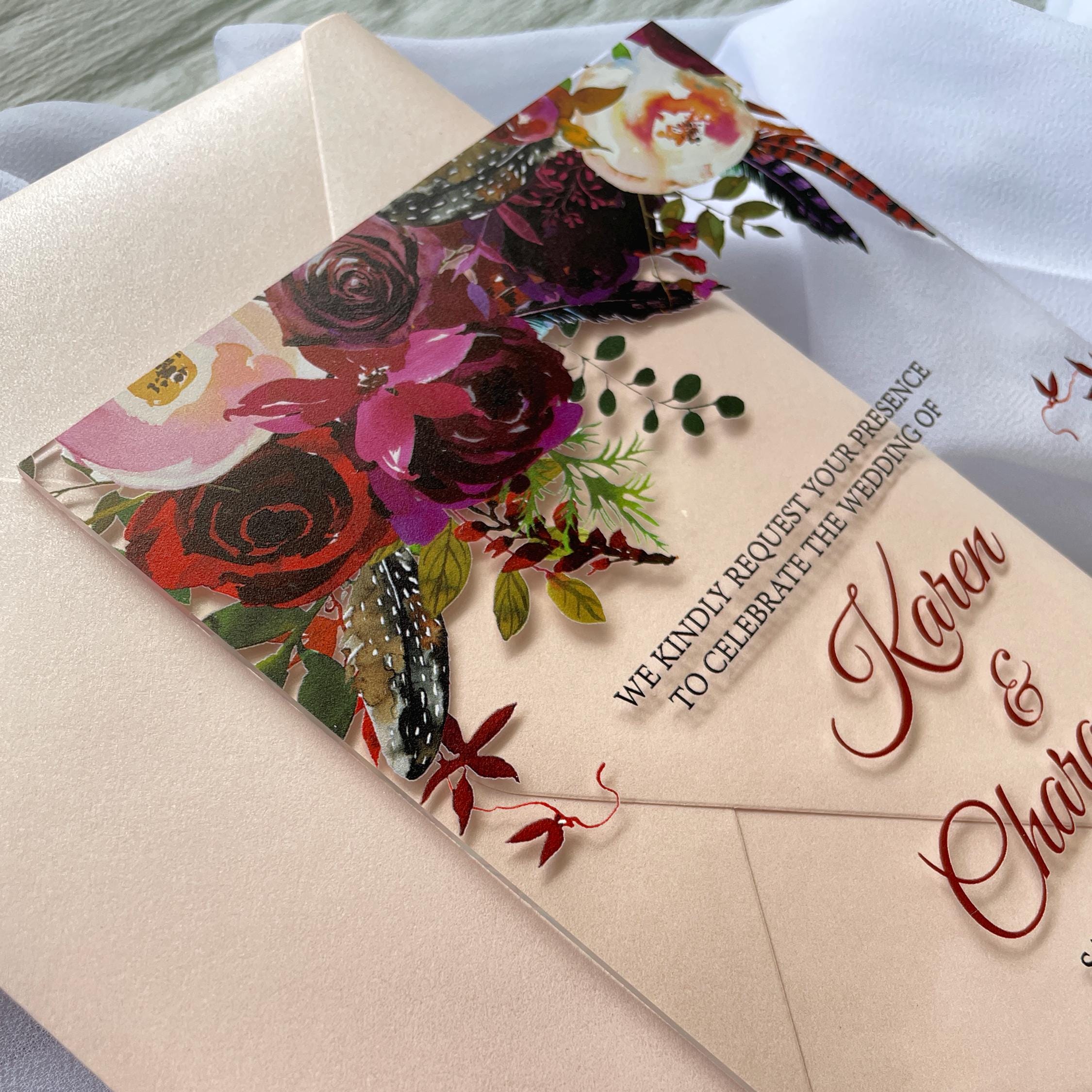 Floral Acrylic Wedding Invitation Suite, Burgundy and Blush with matching insert thumbnail 3