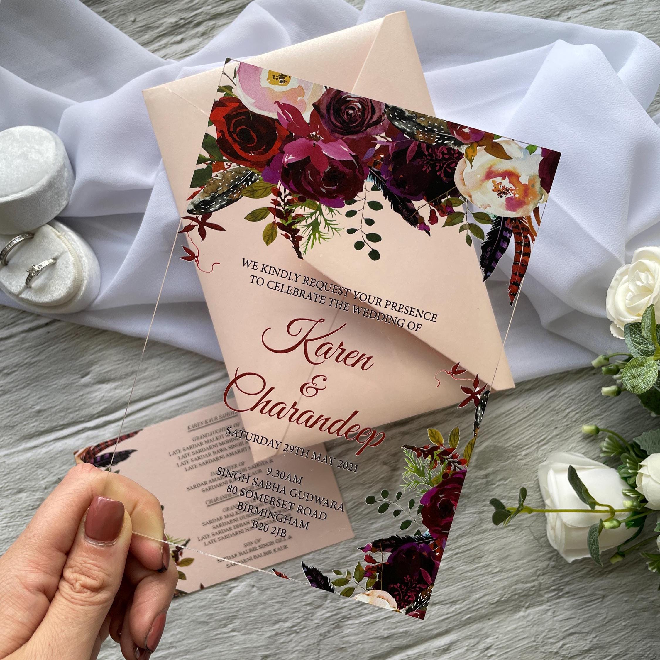 Floral Acrylic Wedding Invitation Suite, Burgundy and Blush with matching insert thumbnail 4