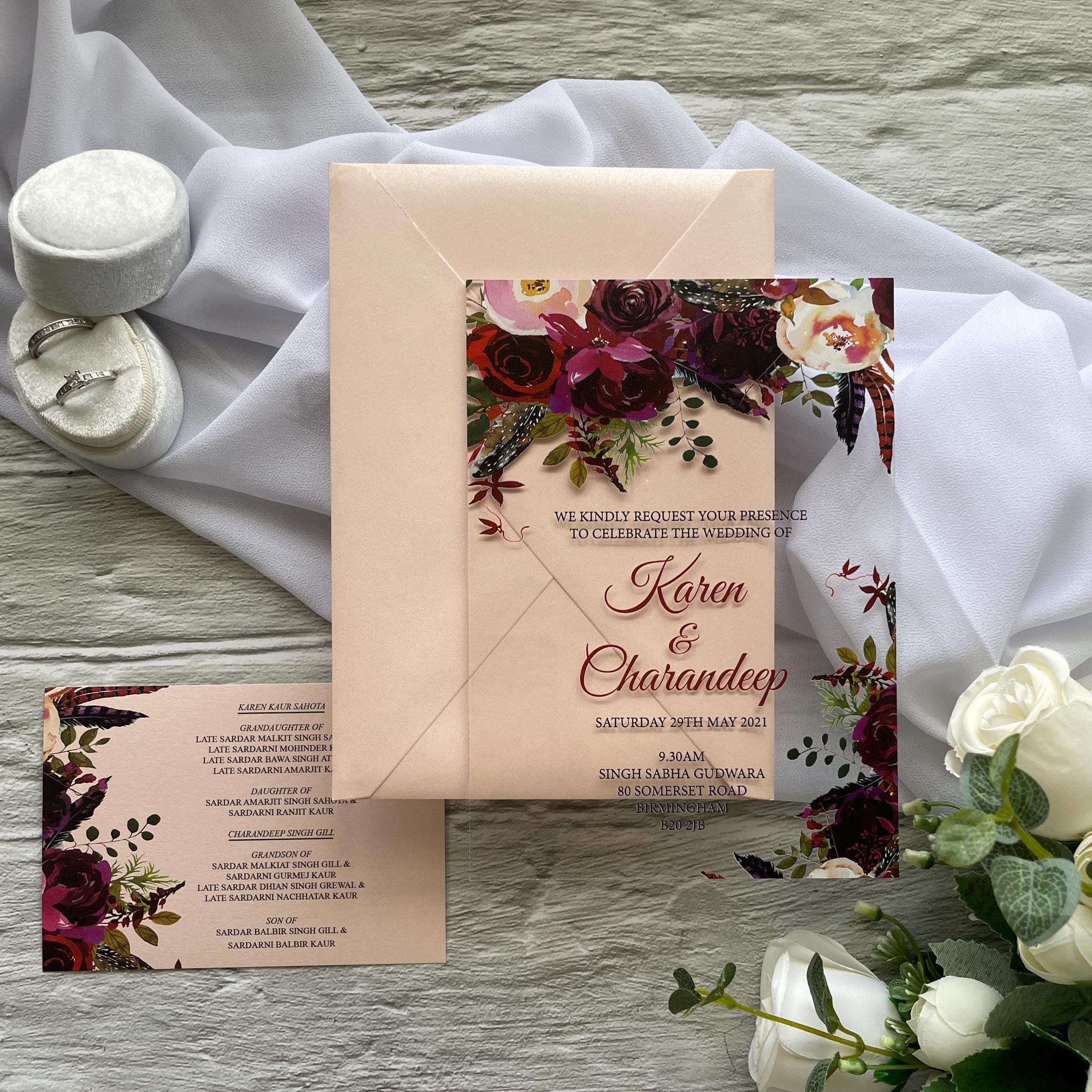 Floral Acrylic Wedding Invitation Suite, Burgundy and Blush with matching insert thumbnail 5