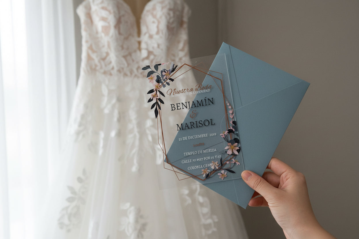Dusty Blue Boho Geometric Acrylic Wedding Invitation image 1