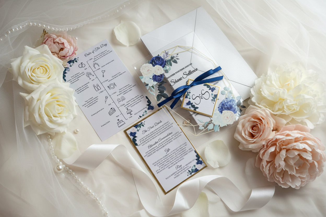 Clear Acrylic Wedding Invitation Suite, Navy & Ivory Floral Invite with Gold Geometric Frame, Luxury Modern Wedding Invitations image 1