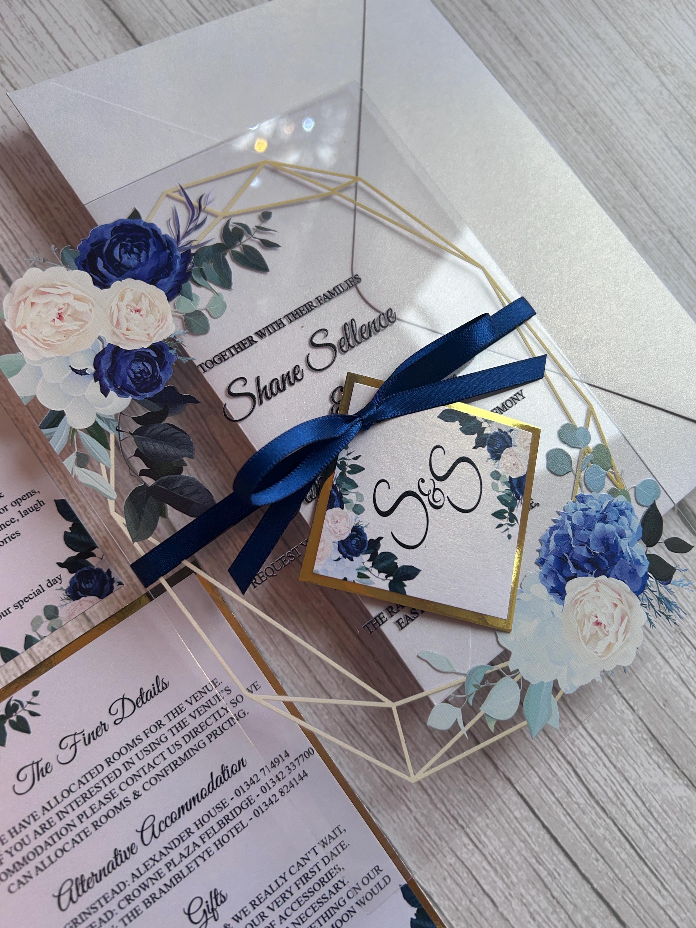Clear Acrylic Wedding Invitation Suite, Navy & Ivory Floral Invite with Gold Geometric Frame, Luxury Modern Wedding Invitations thumbnail 2