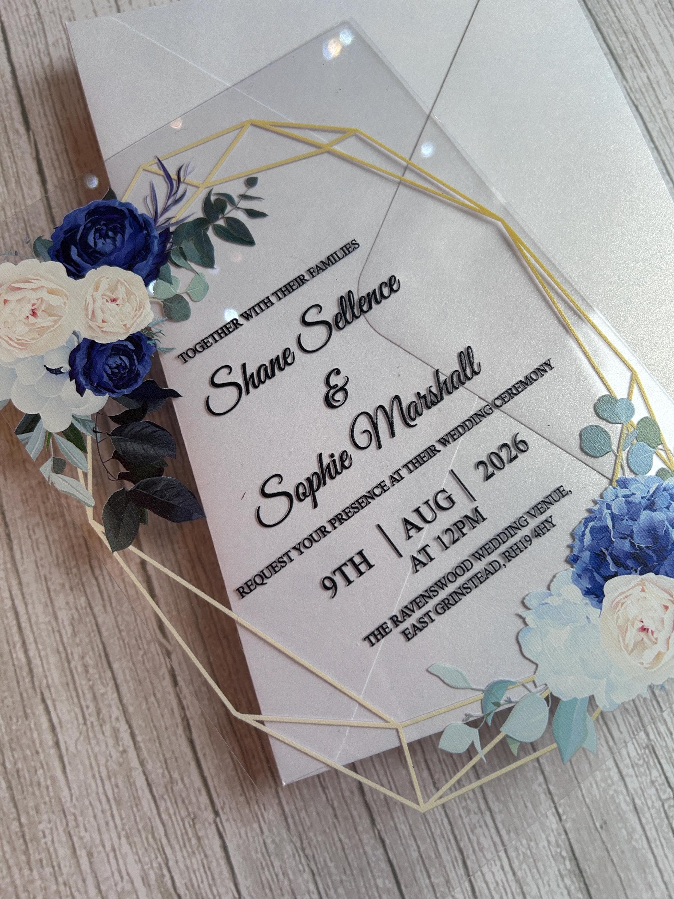 Clear Acrylic Wedding Invitation Suite, Navy & Ivory Floral Invite with Gold Geometric Frame, Luxury Modern Wedding Invitations thumbnail 3