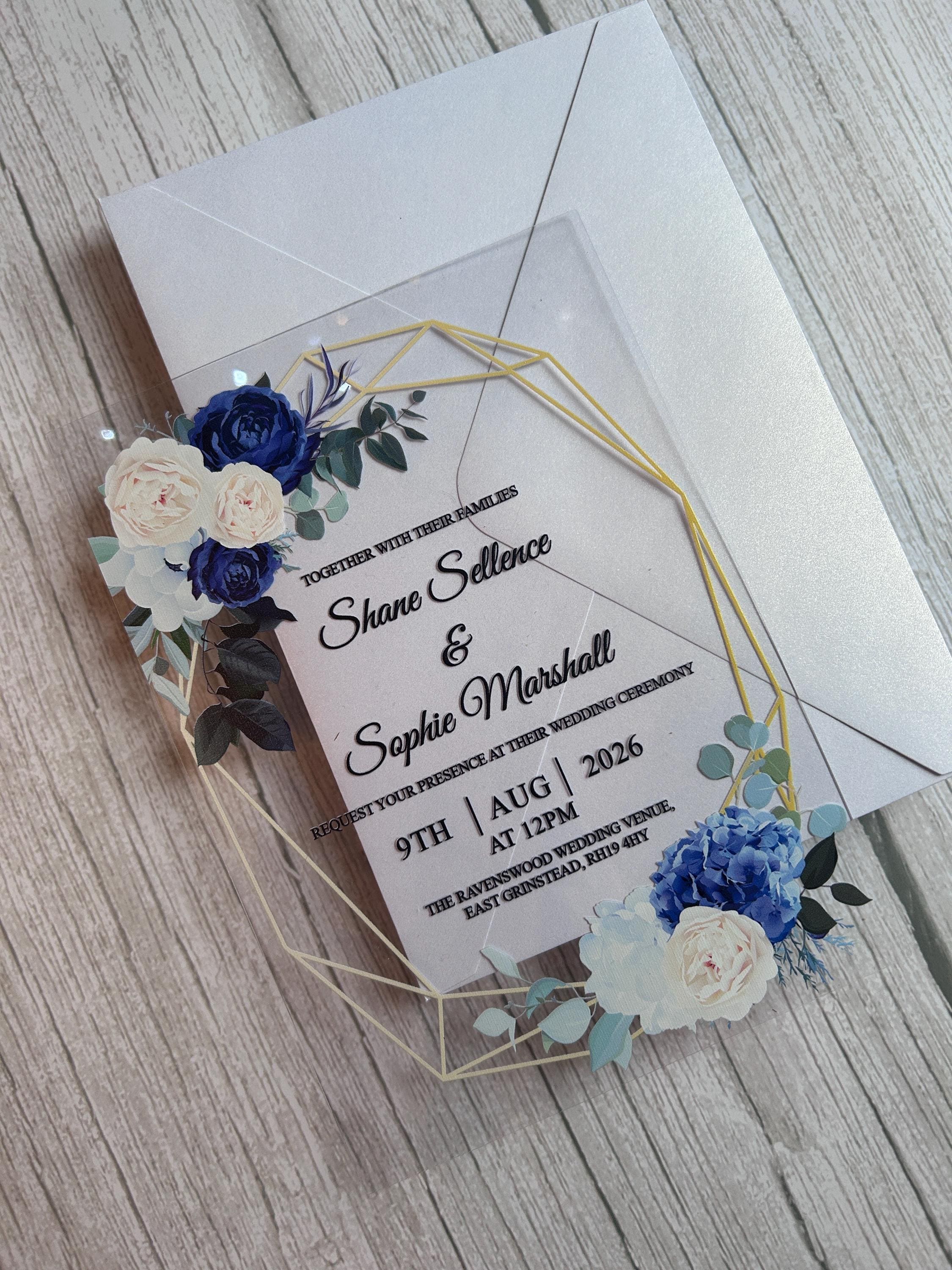 Clear Acrylic Wedding Invitation Suite, Navy & Ivory Floral Invite with Gold Geometric Frame, Luxury Modern Wedding Invitations thumbnail 4