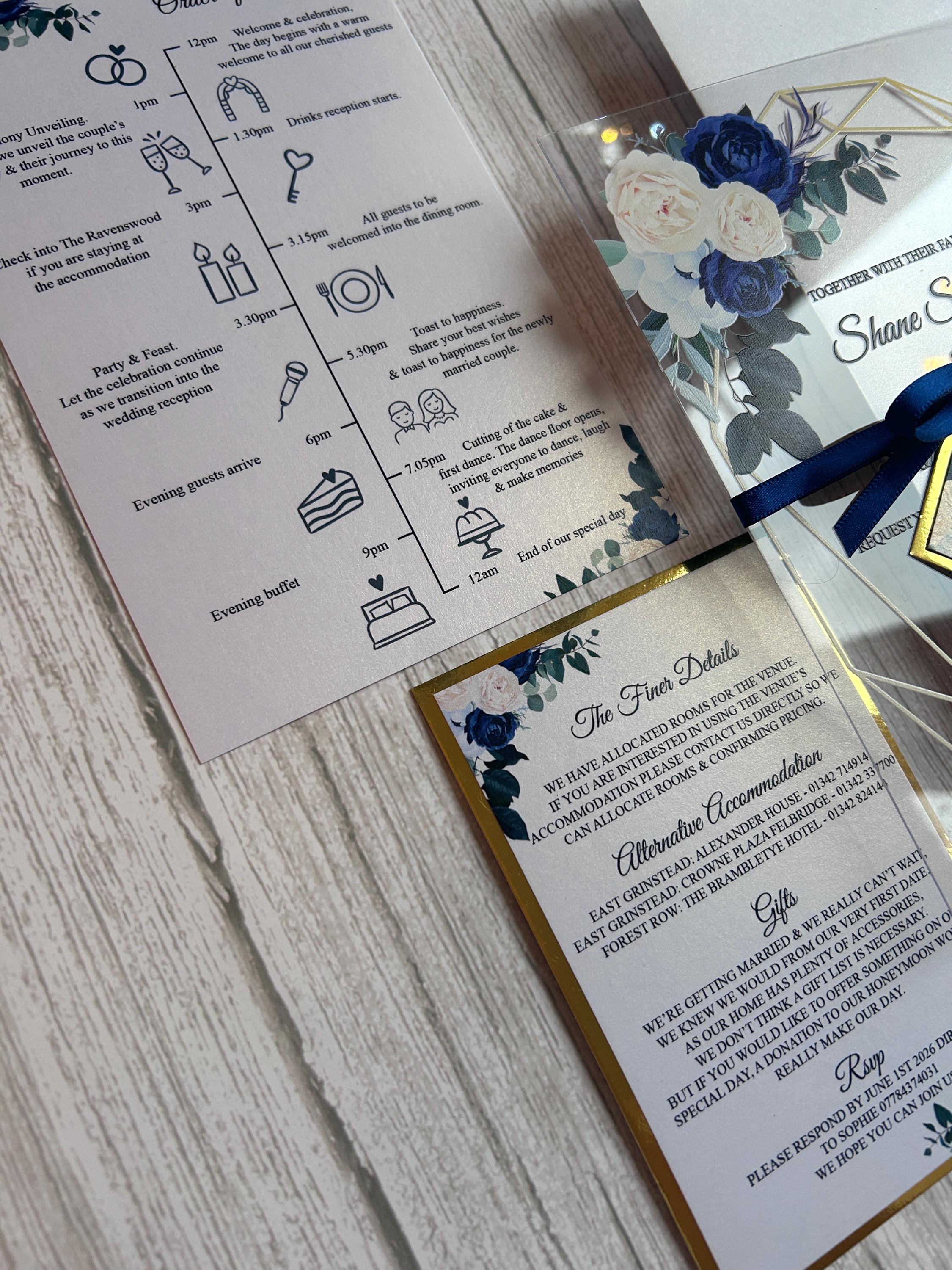 Clear Acrylic Wedding Invitation Suite, Navy & Ivory Floral Invite with Gold Geometric Frame, Luxury Modern Wedding Invitations thumbnail 5
