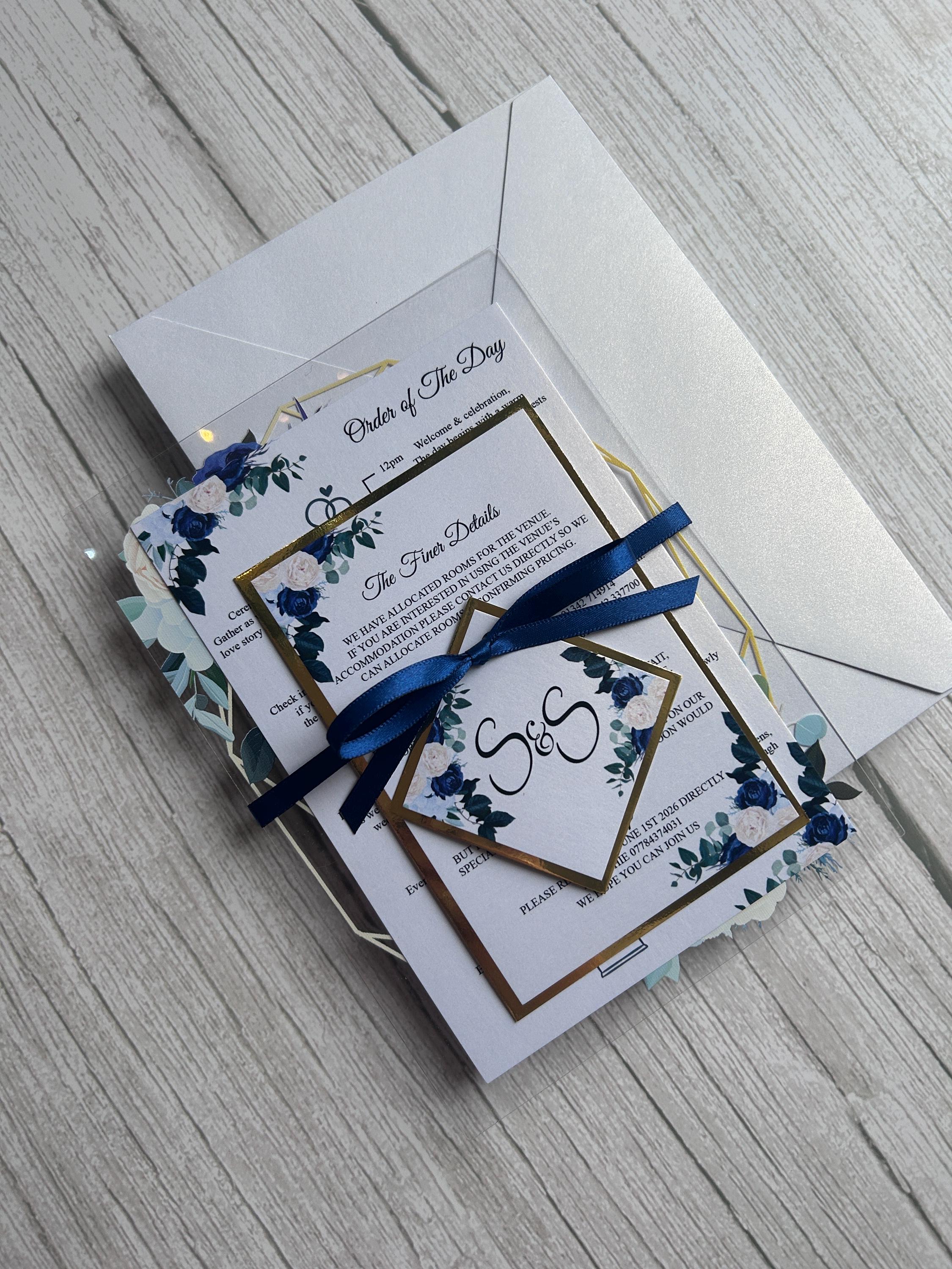 Clear Acrylic Wedding Invitation Suite, Navy & Ivory Floral Invite with Gold Geometric Frame, Luxury Modern Wedding Invitations thumbnail 6