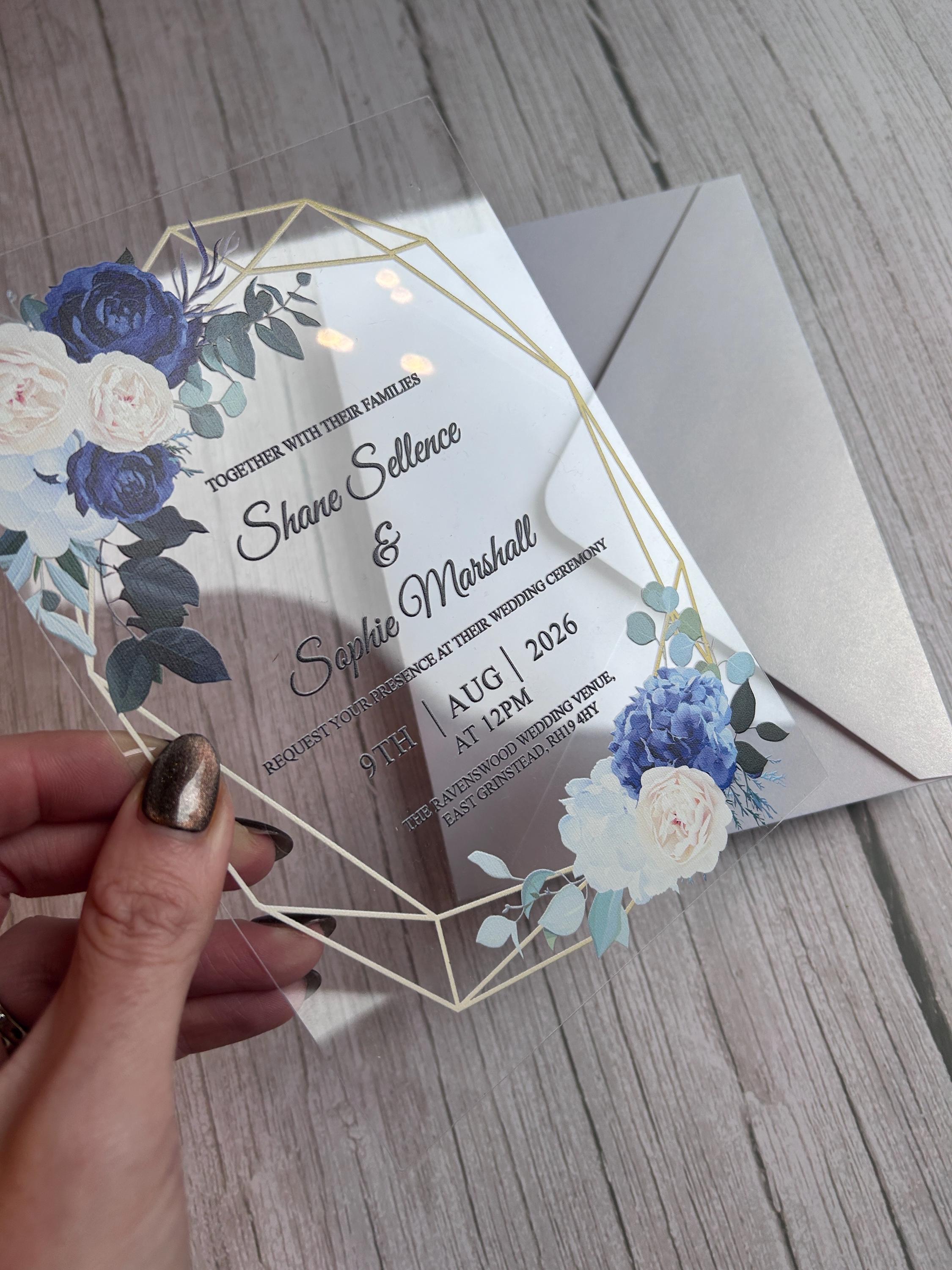Clear Acrylic Wedding Invitation Suite, Navy & Ivory Floral Invite with Gold Geometric Frame, Luxury Modern Wedding Invitations thumbnail 7