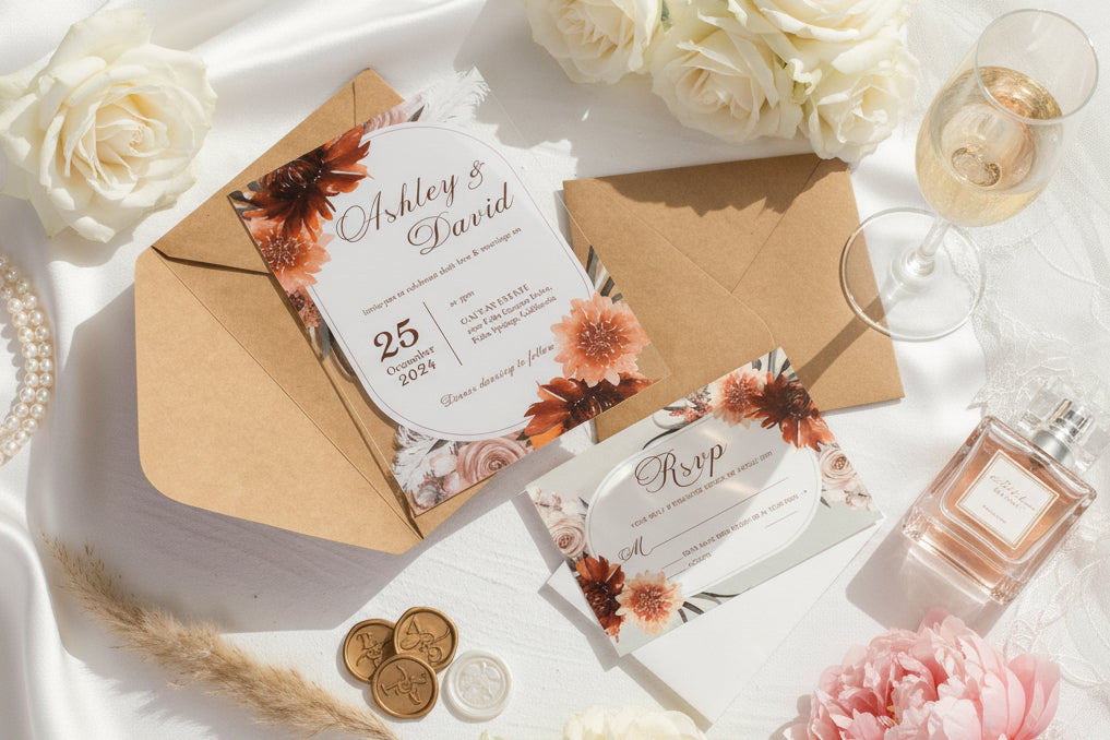 Burnt Orange Floral Acrylic Wedding Invitation | Autumn Theme image 1