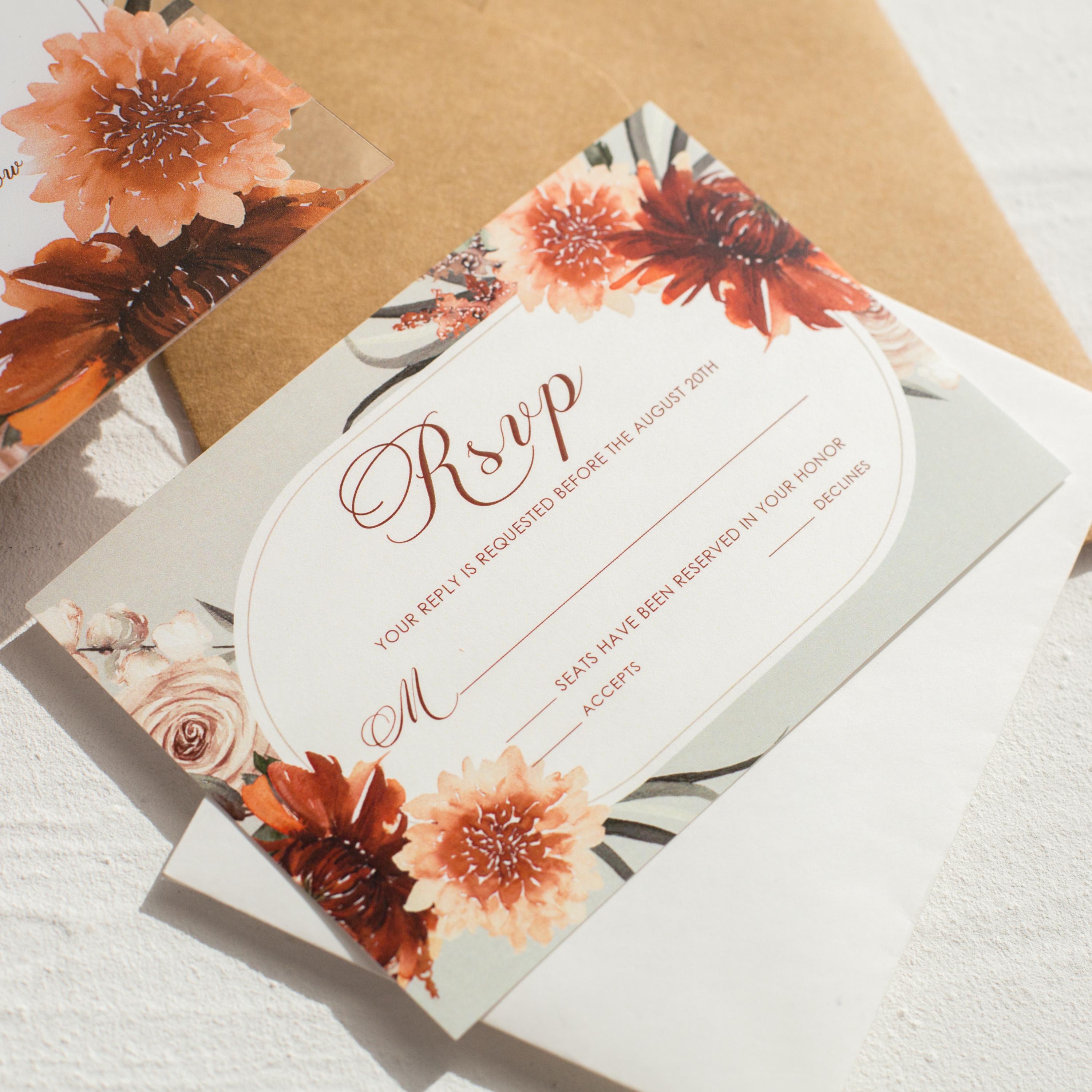 Burnt Orange Floral Acrylic Wedding Invitation | Autumn Theme thumbnail 2