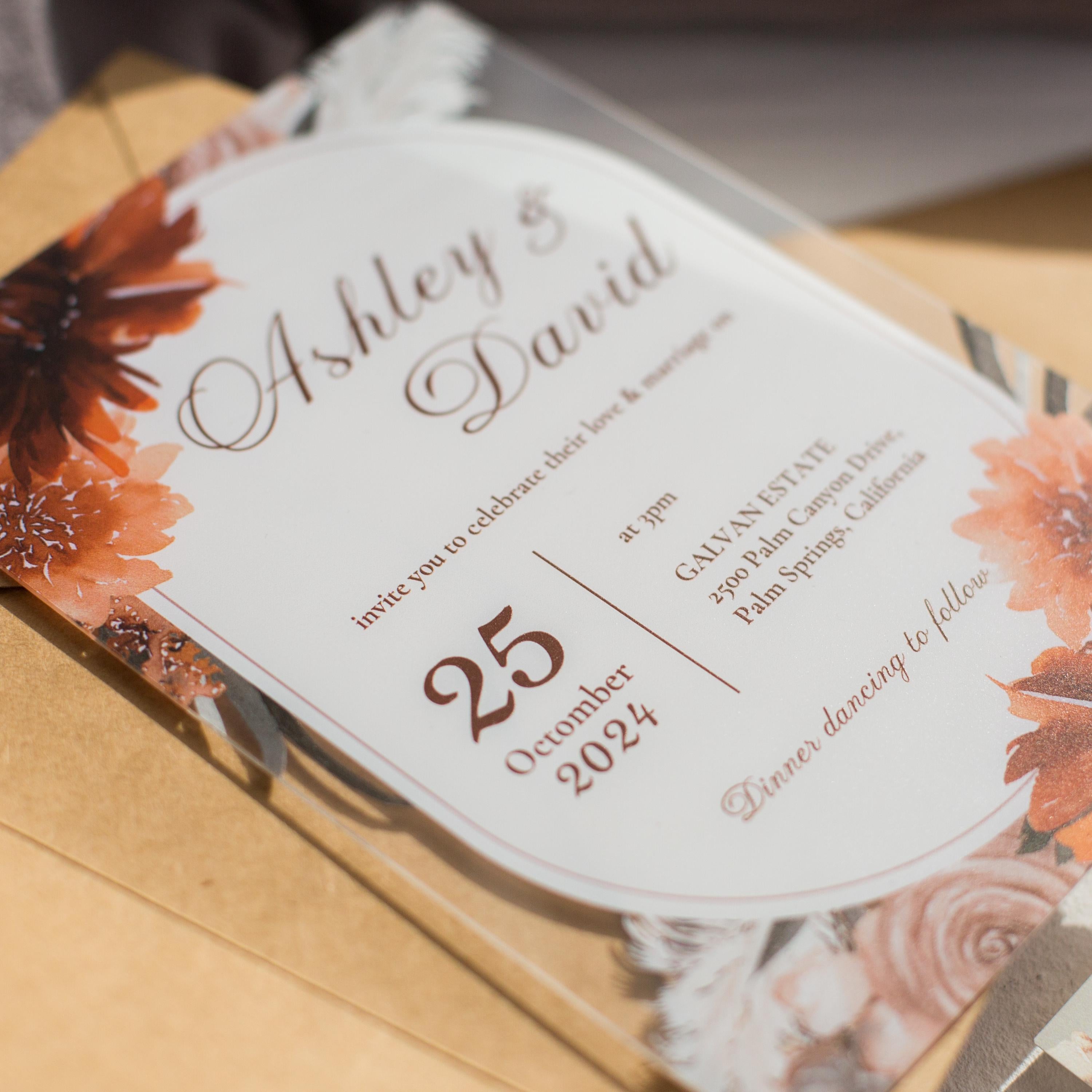 Burnt Orange Floral Acrylic Wedding Invitation | Autumn Theme thumbnail 3