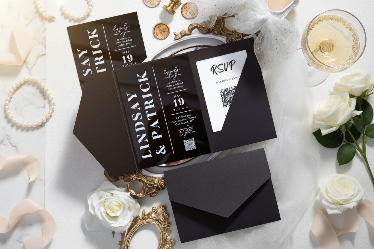Black Acrylic Pocket Wedding Invitation | Modern Monochrome Invite with RSVP image 1