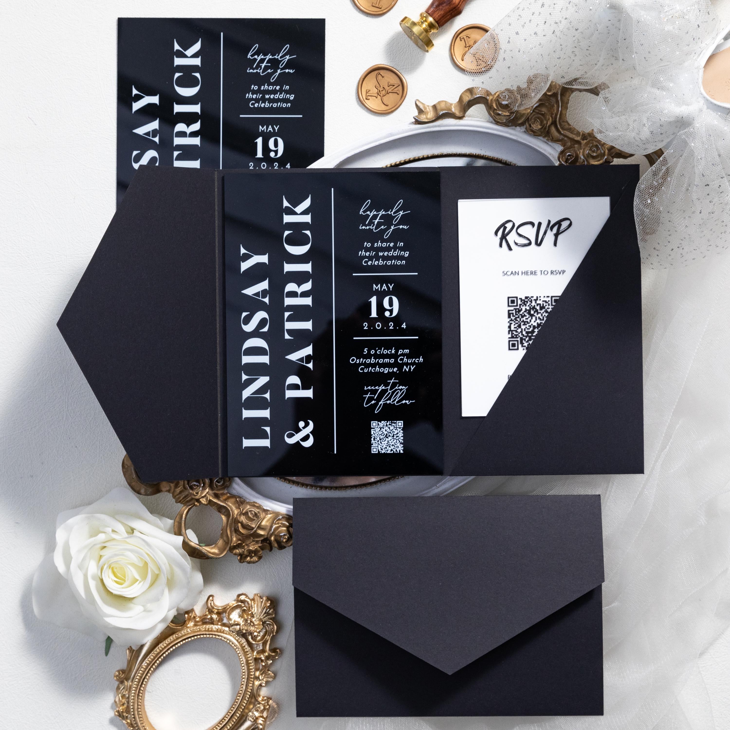 Black Acrylic Pocket Wedding Invitation | Modern Monochrome Invite with RSVP thumbnail 2