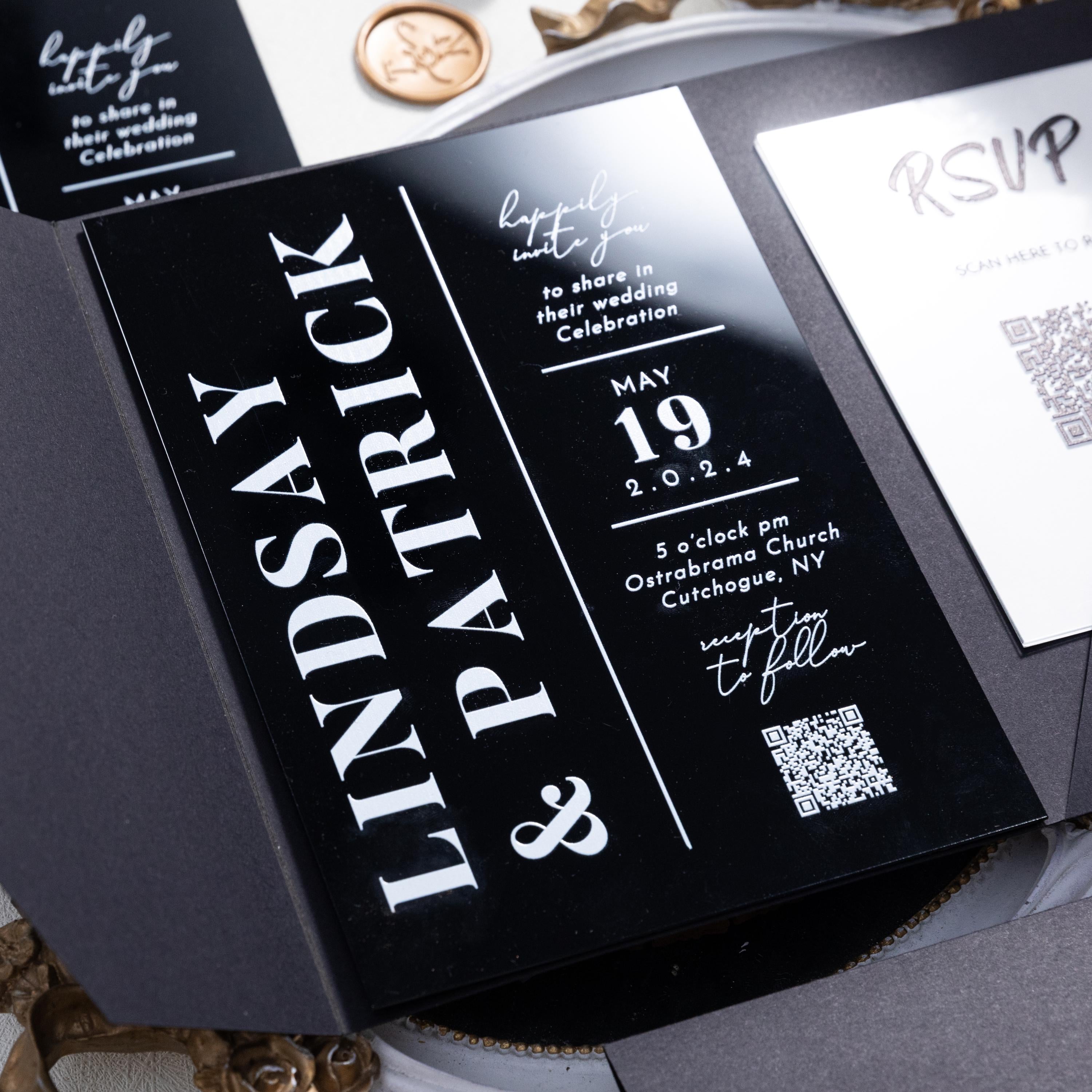Black Acrylic Pocket Wedding Invitation | Modern Monochrome Invite with RSVP thumbnail 3