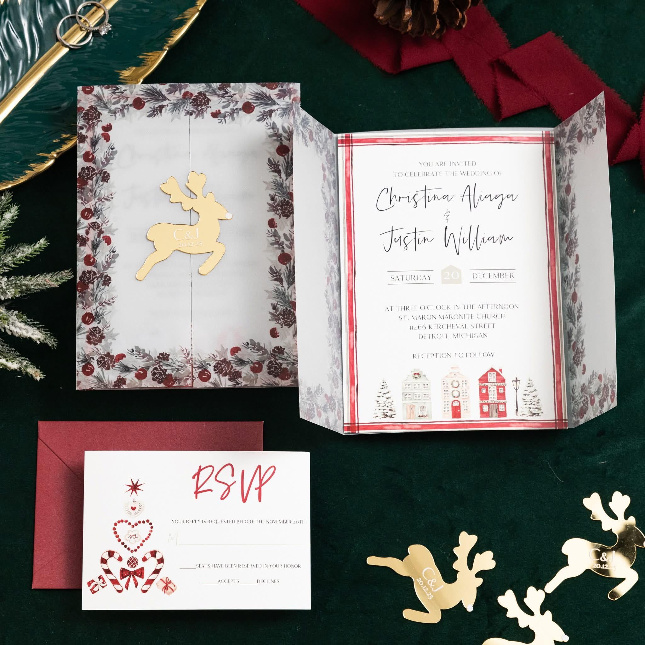Acrylic Winter Wedding Invitation | Vellum Gatefold, Gold Reindeer image 1