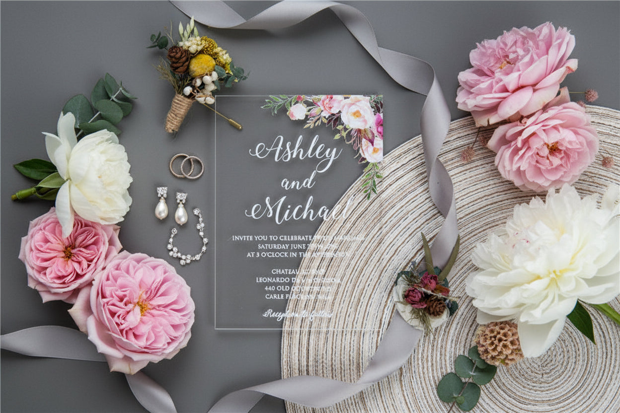 Acrylic Wedding Invitation: Clear Perspex with Pink Florals image 1