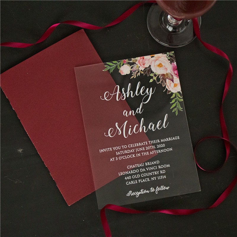 Acrylic Wedding Invitation: Clear Perspex with Pink Florals thumbnail 3
