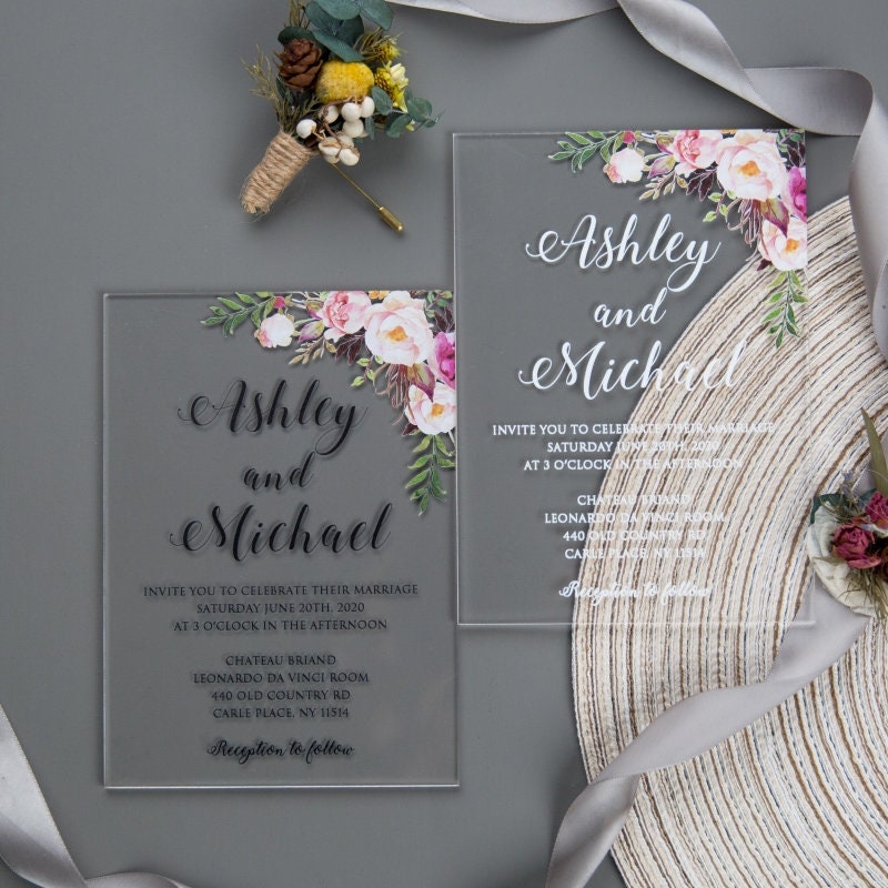 Acrylic Wedding Invitation: Clear Perspex with Pink Florals thumbnail 7
