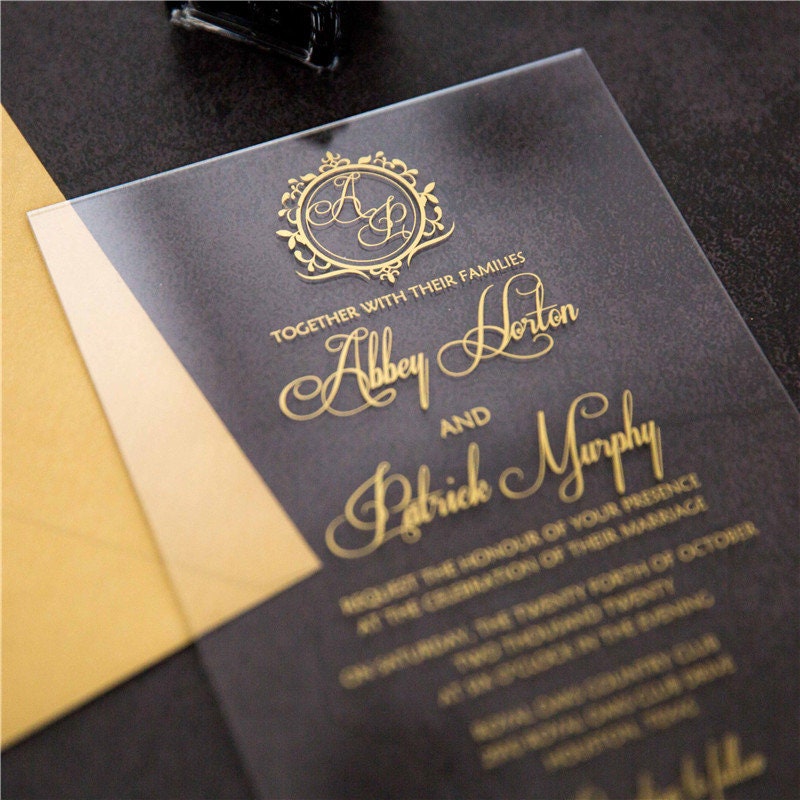 Acrylic Wedding Invitation: Clear Perspex with Gold Print image 1
