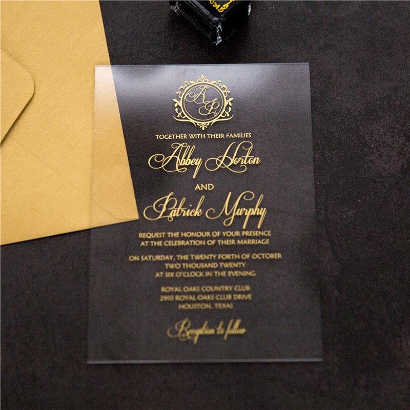 Acrylic Wedding Invitation: Clear Perspex with Gold Print thumbnail 2